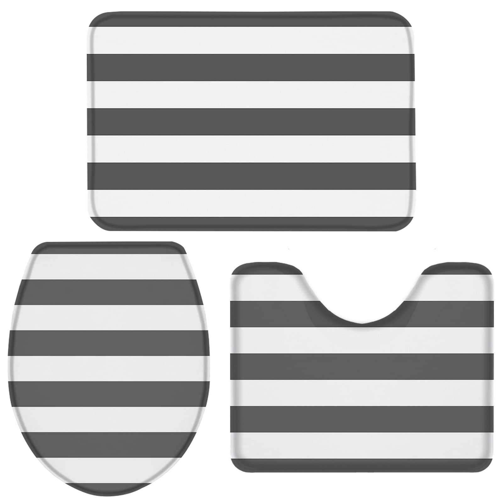 3-Piece Non-Slip Bathroom Rug Set - Gray & White Striped Contour Mat, Toilet Lid Cover & Absorbent Shower Mat | Soft Minimalist Bath Mats for Bathroom Safety & Style | Perfect for Modern Homes, Apartments & Guest Bathrooms