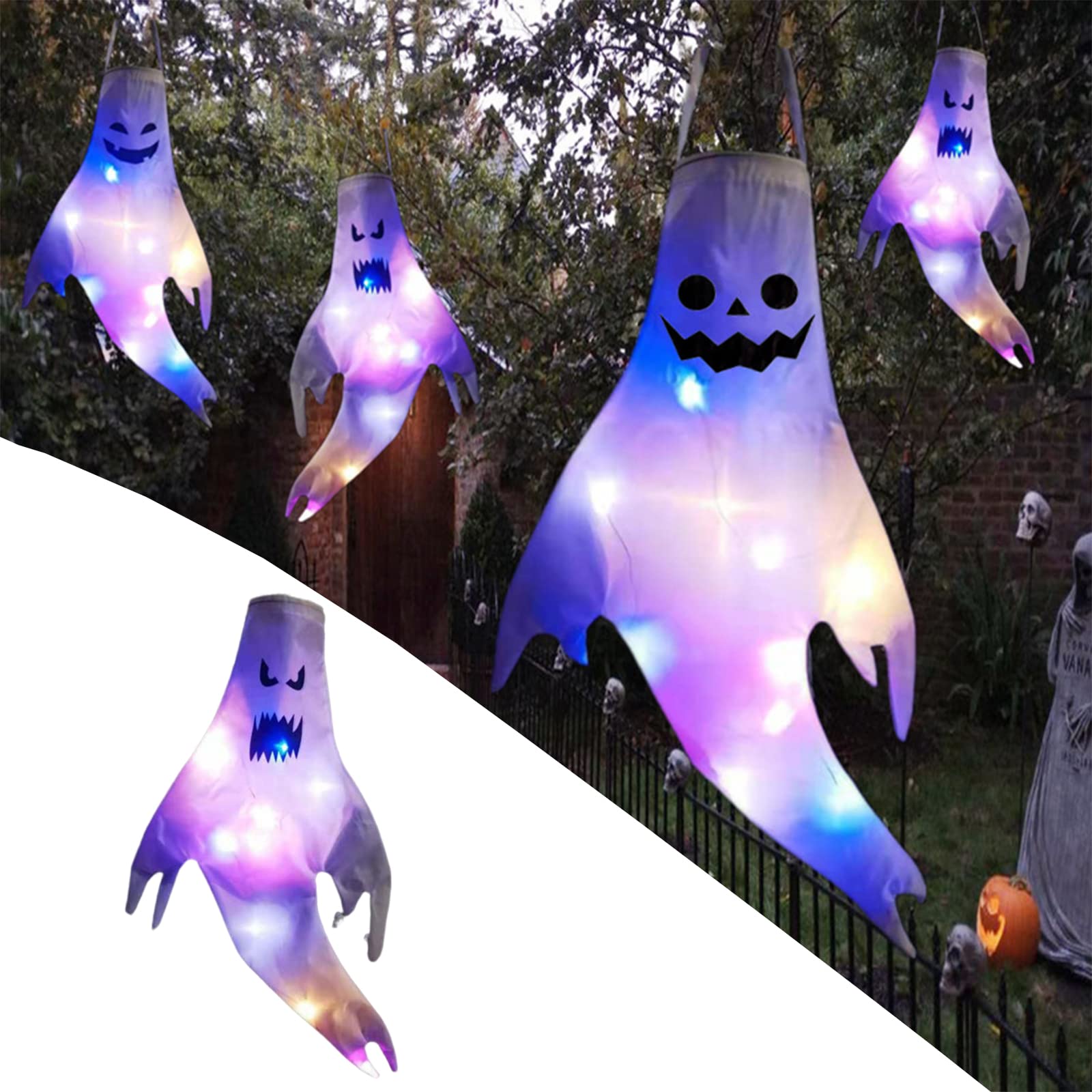 Halloween Ghost Windsocks with LED String Lights - 4.3FT Hanging Decor for Outdoor Yard, Home & Party | Spooky Halloween Lighting for Porch, Garden & Haunted House Decorations