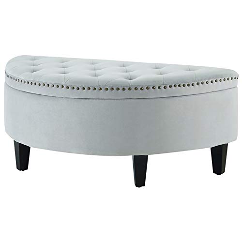 Brika Home Half Moon Velvet Upholstered Storage Ottoman - Light Gray Footrest Pouf with Hidden Storage for Living Room, Bedroom & Nursery | Stylish Home Decor Accent Piece