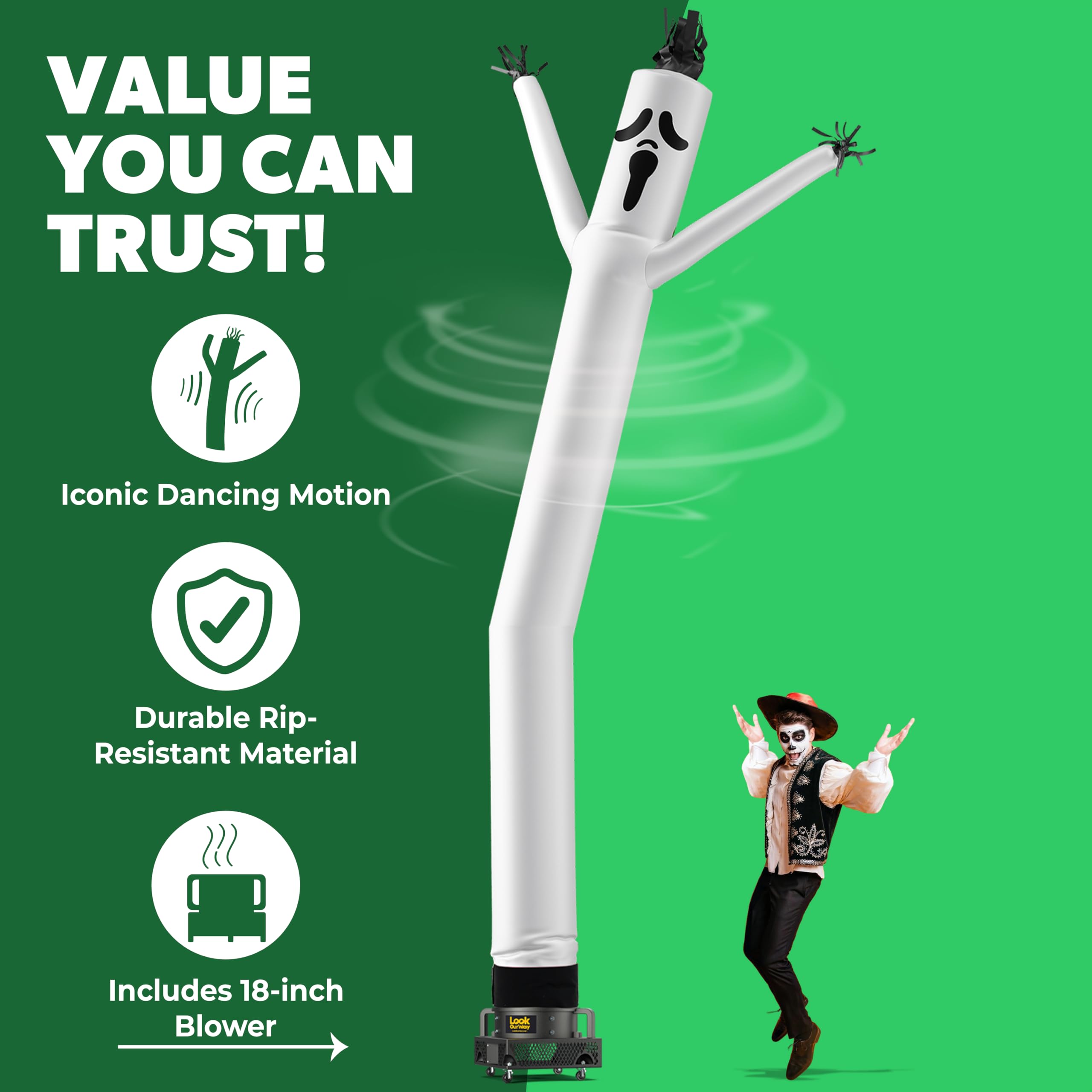 LookOurWay 20FT Air Dancers Inflatable Tube Man Set - Wacky Waving Inflatable Dancing Tube Guy with 1HP Blower for Halloween Decorations, Ghost Theme - Perfect for Car Dealerships, Grand Openings, Parties & Outdoor Advertising