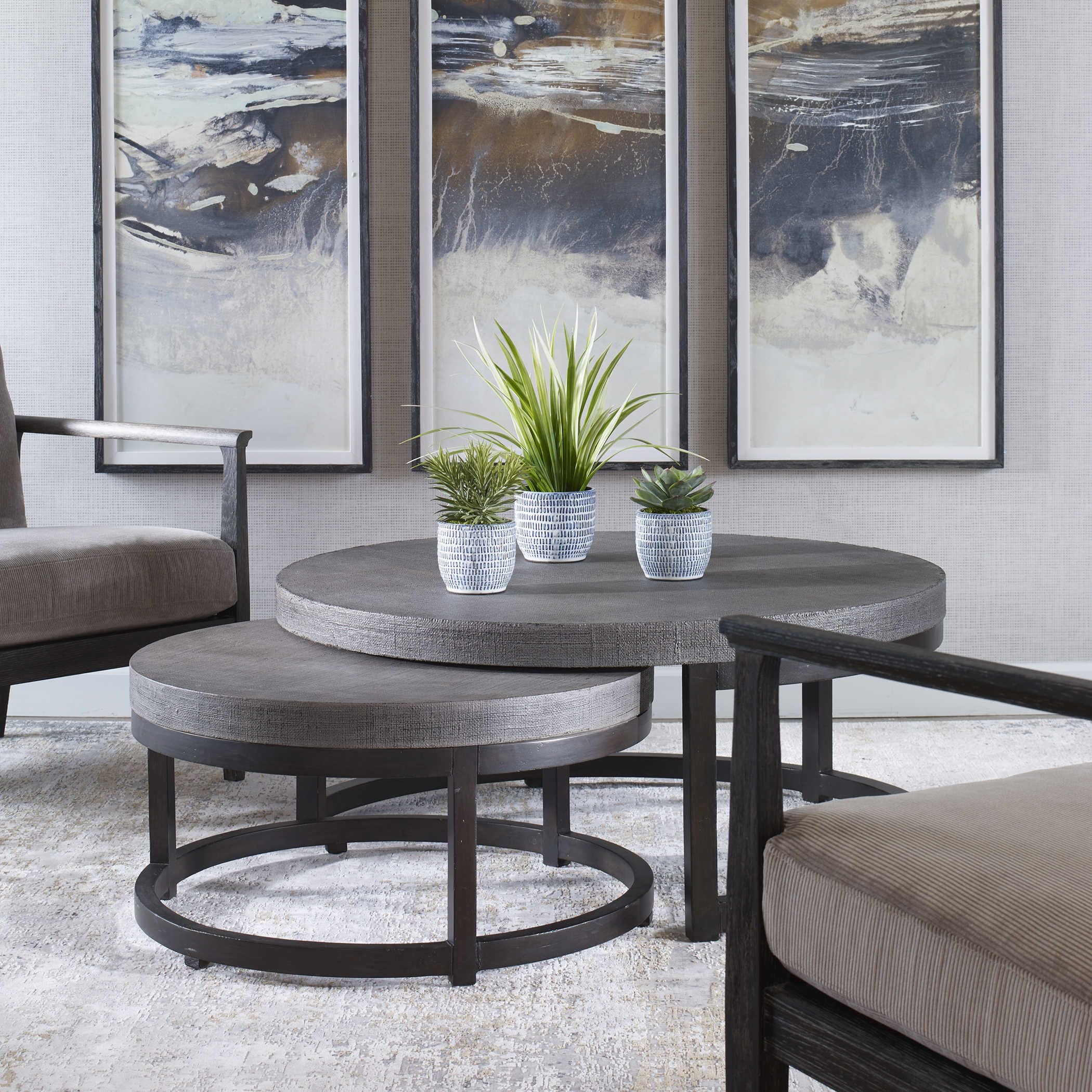 Rustic Modern Round Nesting Coffee Table Set - 2-Tier Geometric Iron for Living Room