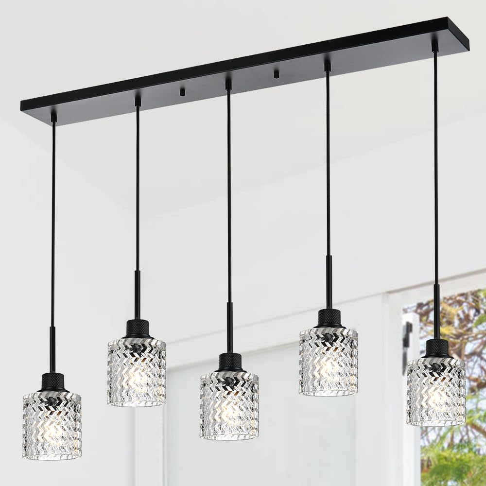 Black 5-Light Kitchen Island Pendant Light Fixture - Farmhouse Chandelier with Hammered Glass Shades, E26 Bulb Base - Perfect for Dining Room, Kitchen Island, and Breakfast Nook Lighting