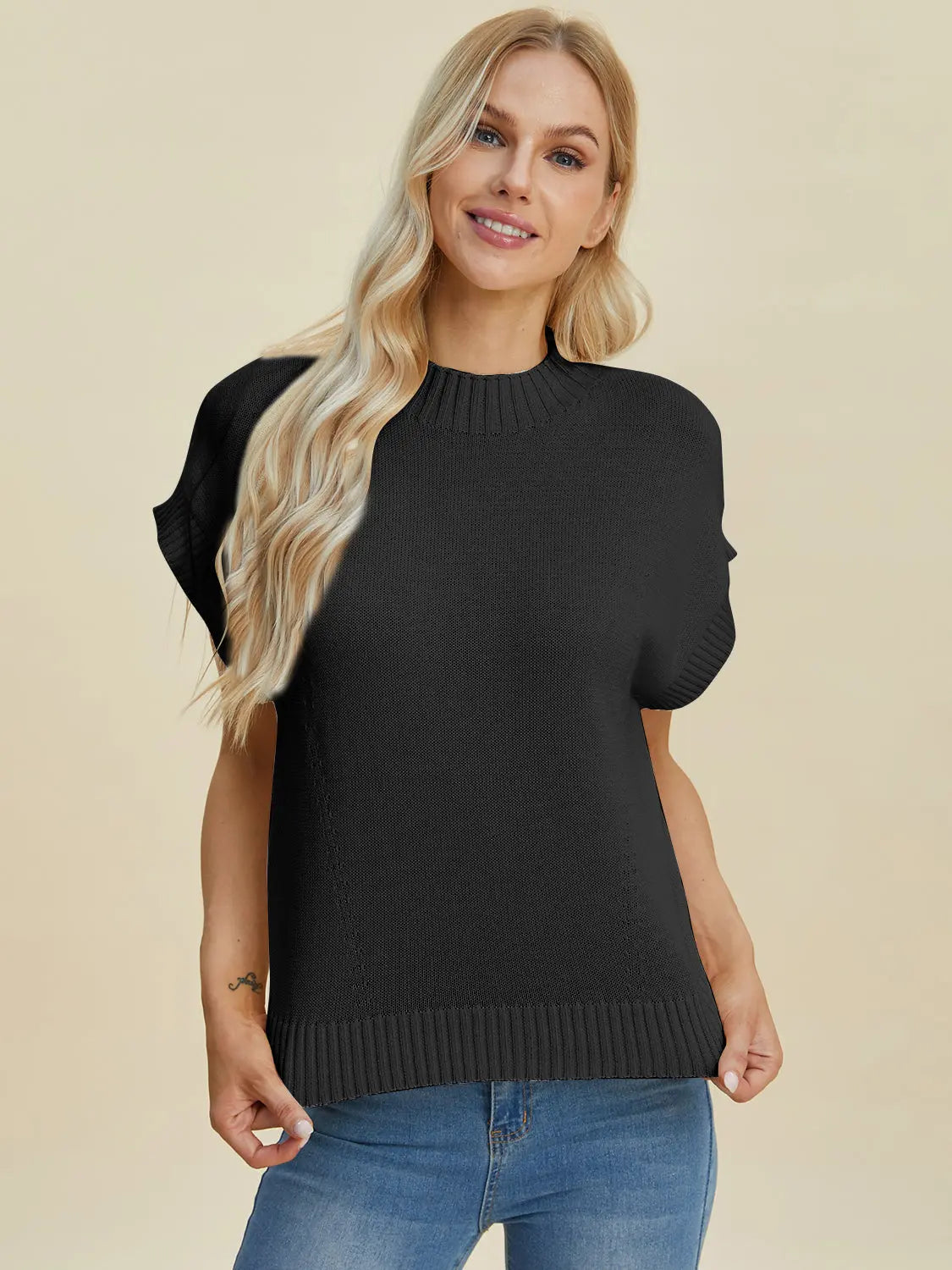 Double Take Full Size Mock Neck Short Sleeve Sweater for Women - Soft Knit Pullover Top for Casual Wear & Office Outfits | Perfect for Fall & Winter Layering