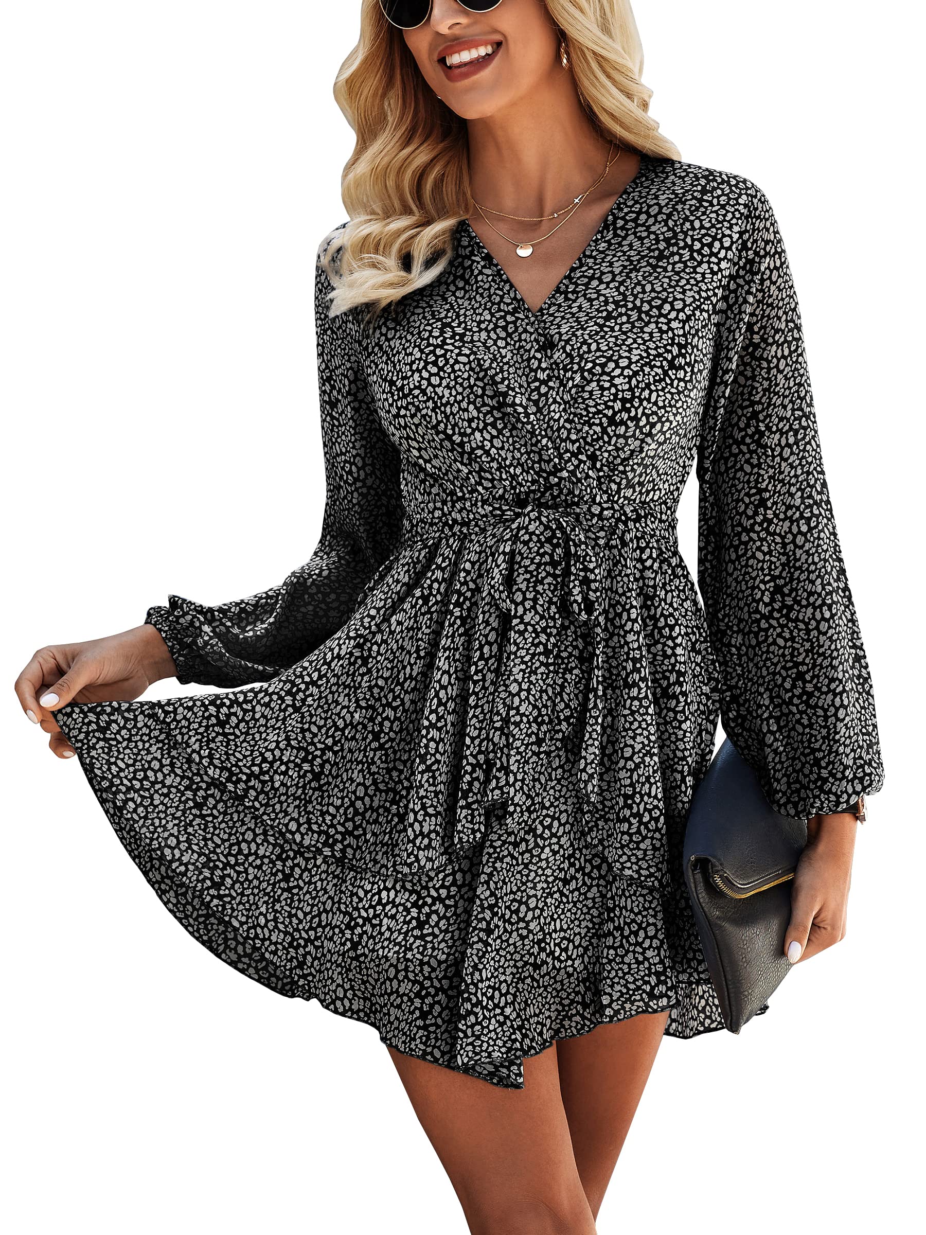 ECOWISH Women's Floral V-Neck Mini Dress - Summer Beach Cocktail Dress for Casual Outings, Vacations & Parties