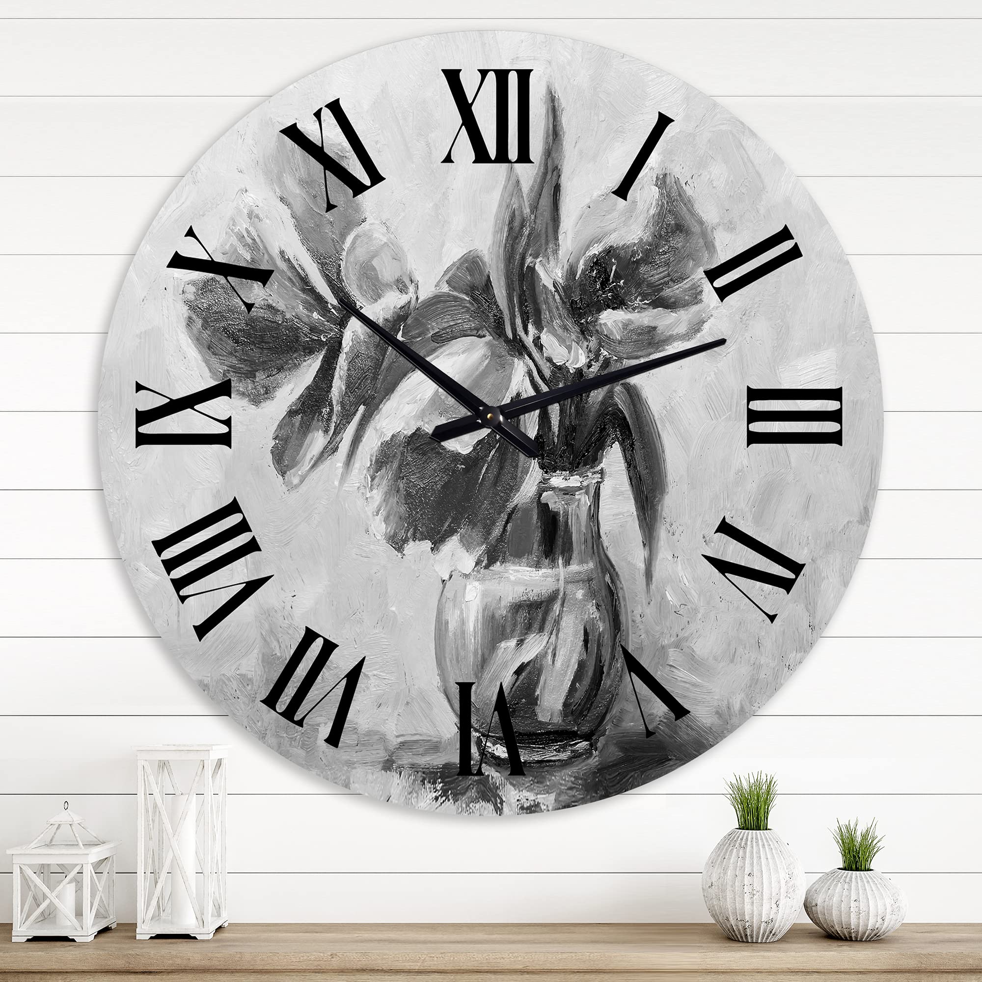DesignQ Traditional Wall Clock - Monochrome Still Life Floral Vase Painting - Large Decorative Clock for Living Room, Bedroom & Office - Vintage Home Decor & Wall Art