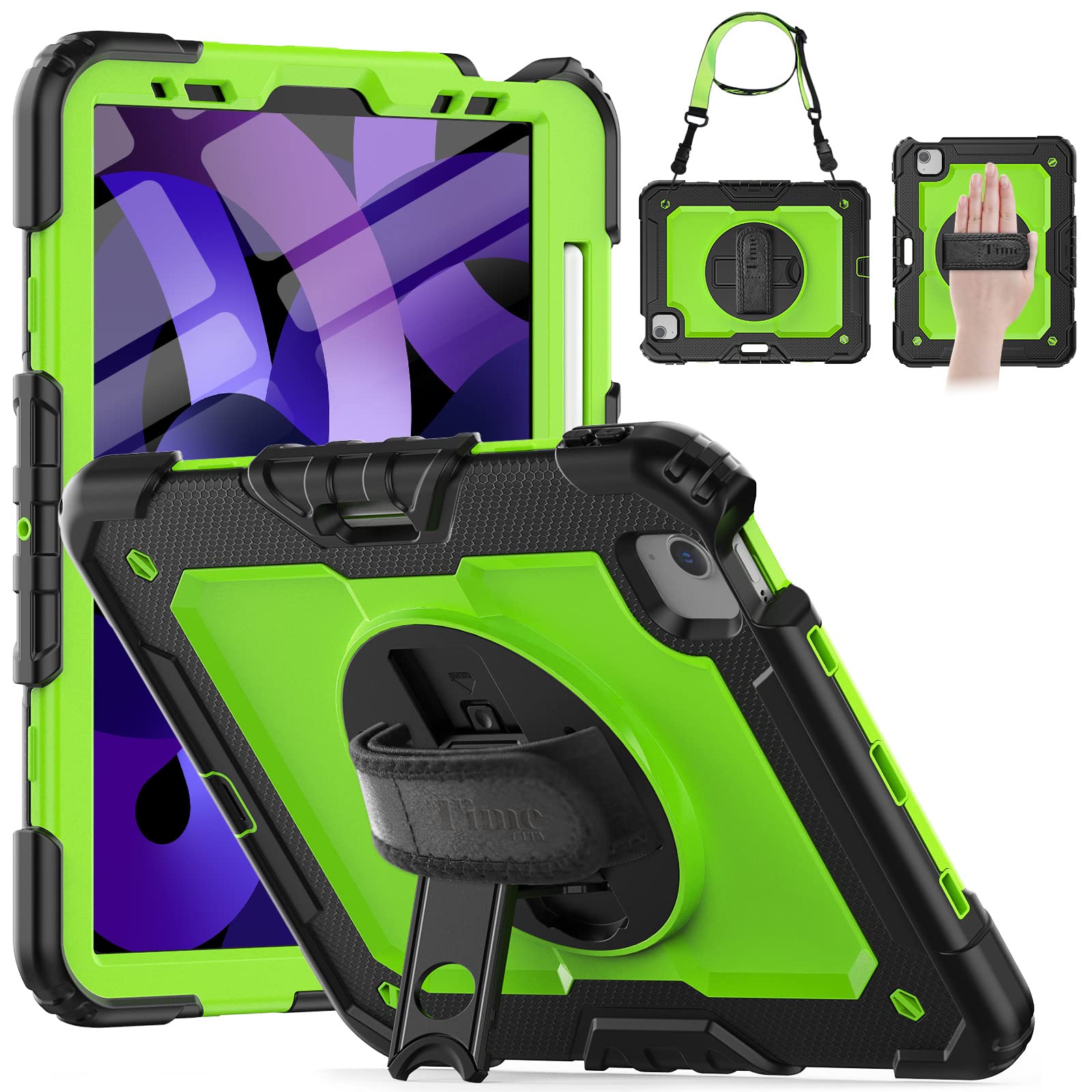 Timecity iPad Air 4/5 Case (10.9 Inch 2020/2022 Model) - Protective Cover with Screen Protector, Swivel Kickstand, Hand Strap & Pencil Holder - Perfect for Work, Travel & School (Green)