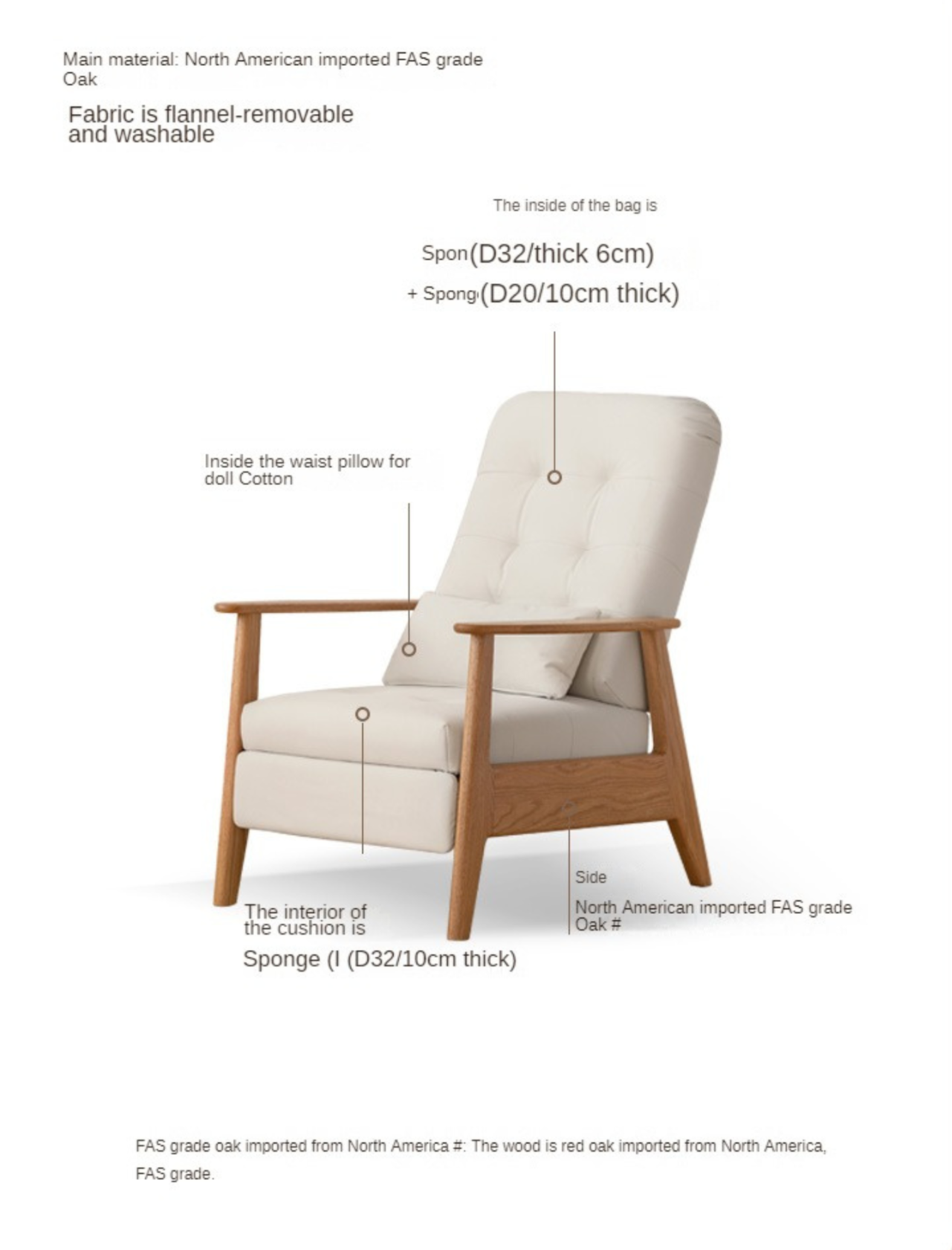 Premium Oak Solid Wood Multifunctional Fabric Lounge Chair - Comfortable Living Room, Bedroom, or Office Seating for Relaxation and Leisure