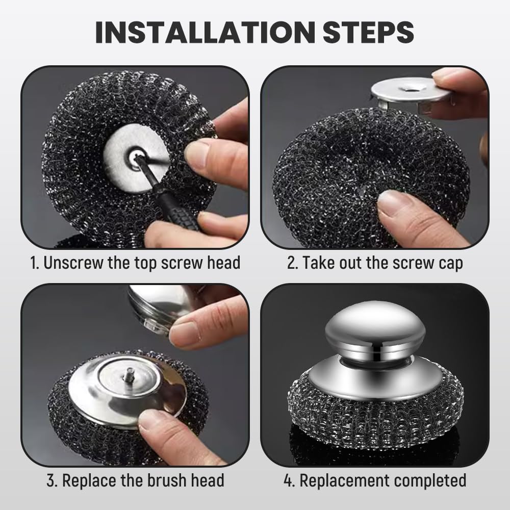 2024 Upgraded Stainless Steel Wool Scrubber with Handle - 4 Pack Detachable Metal Scrub Pads for Pots, Pans, Stoves, Grills & Dishes - Heavy Duty Cleaning Brush for Kitchen, BBQ & Outdoor Cooking