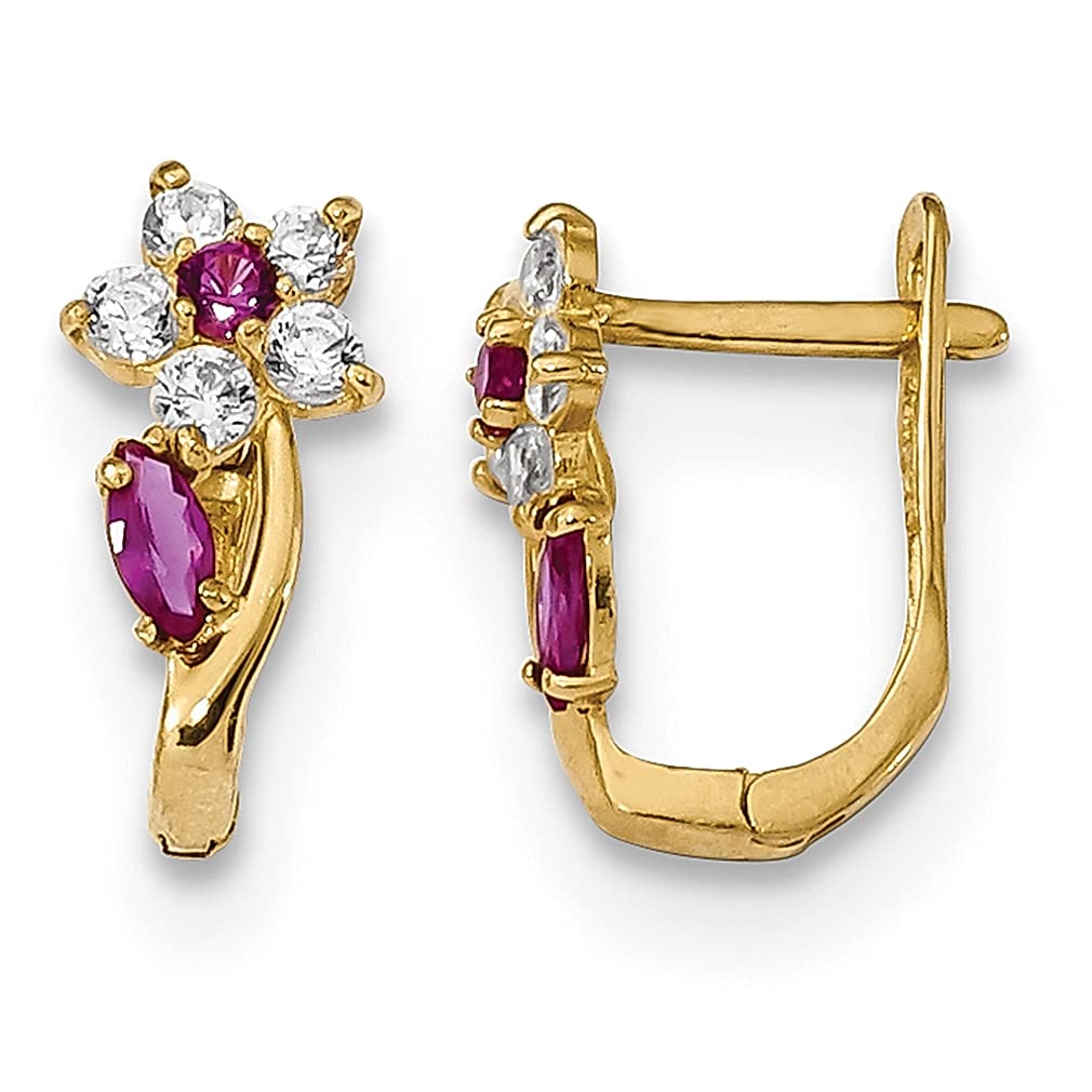 14K Yellow Gold Red Cubic Zirconia Flower Hinged Hoop Earrings for Women - Elegant Fine Jewelry Gift for Her - Perfect for Gardening, Parties & Special Occasions