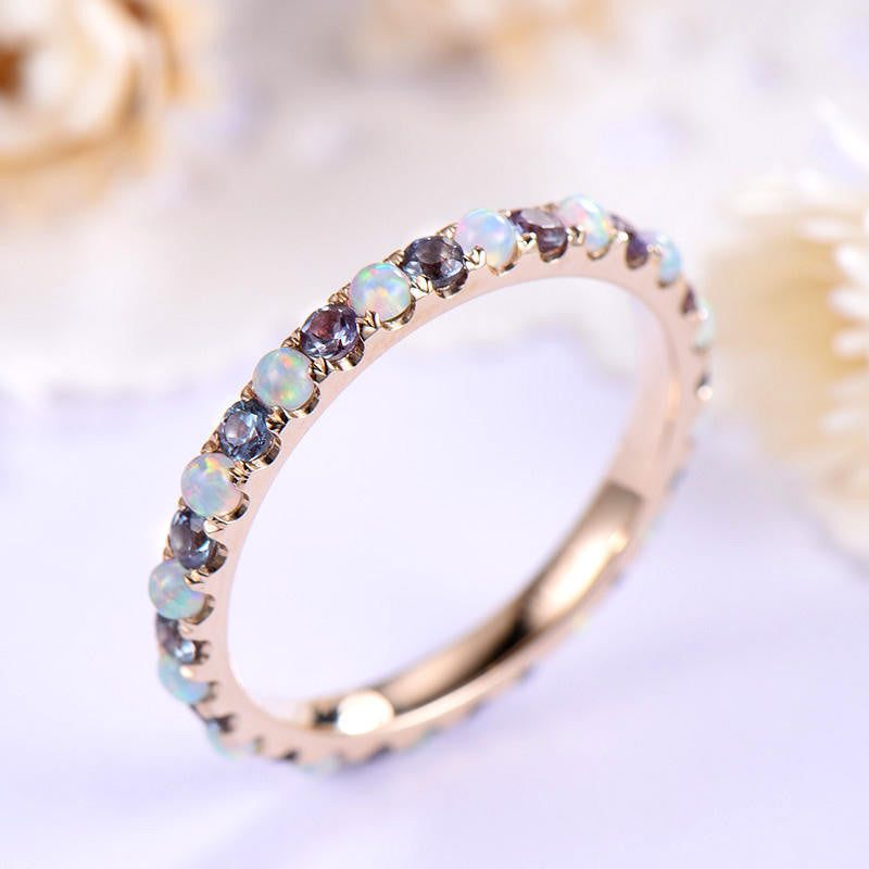 Opal and Alexandrite Wedding Band - Full Eternity Ring in 14K/18K Gold for Women | Elegant Bridal Jewelry, Anniversary Gift, Engagement Ring Alternative