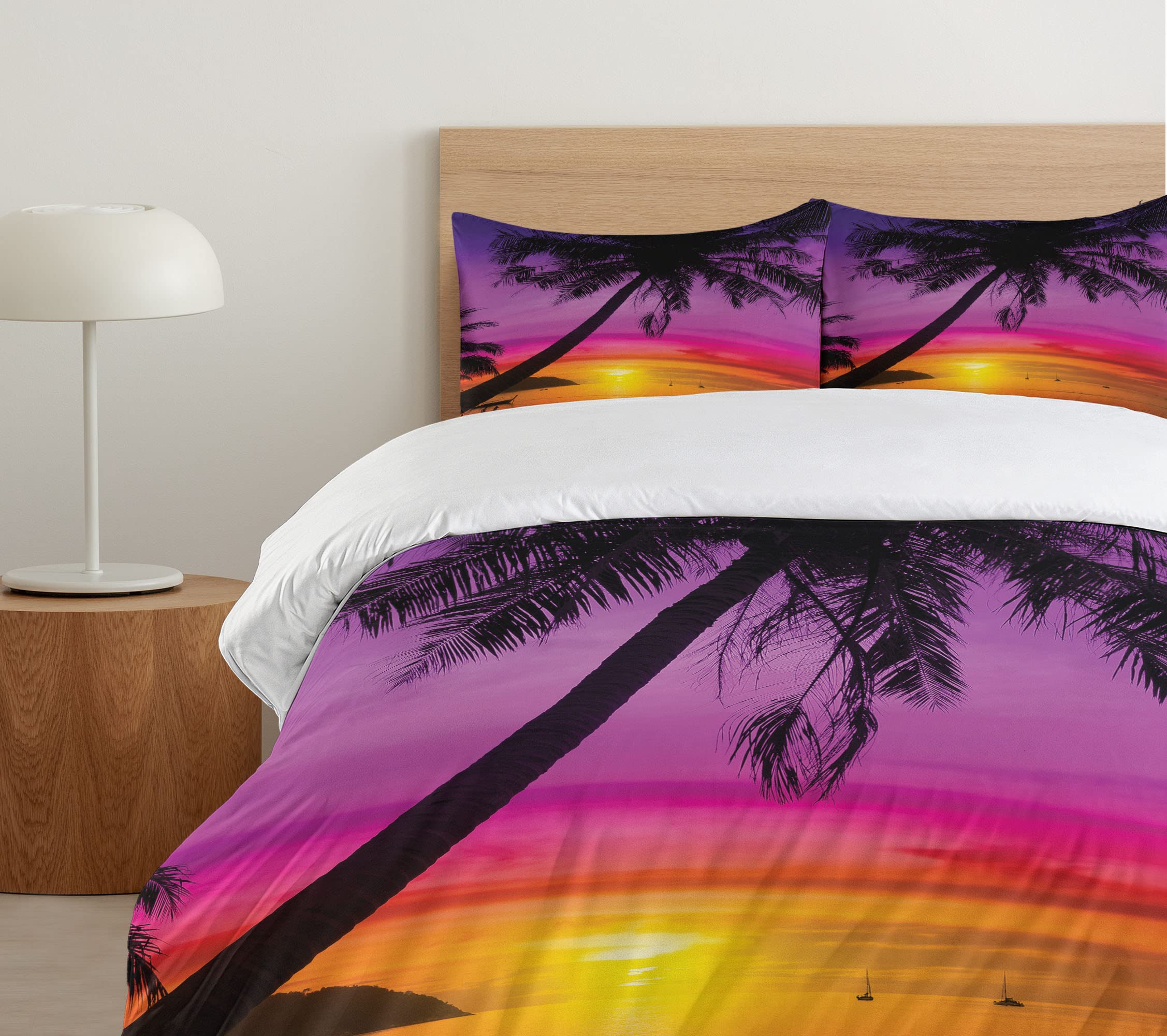 Ambesonne Tropical Duvet Cover Set - Palm Tree Beach Sunset Design, 2-Piece Twin Size Bedding with Pillow Sham in Purple, Orange & Black | Perfect for Summer Travel Themed Bedrooms & Coastal Home Decor