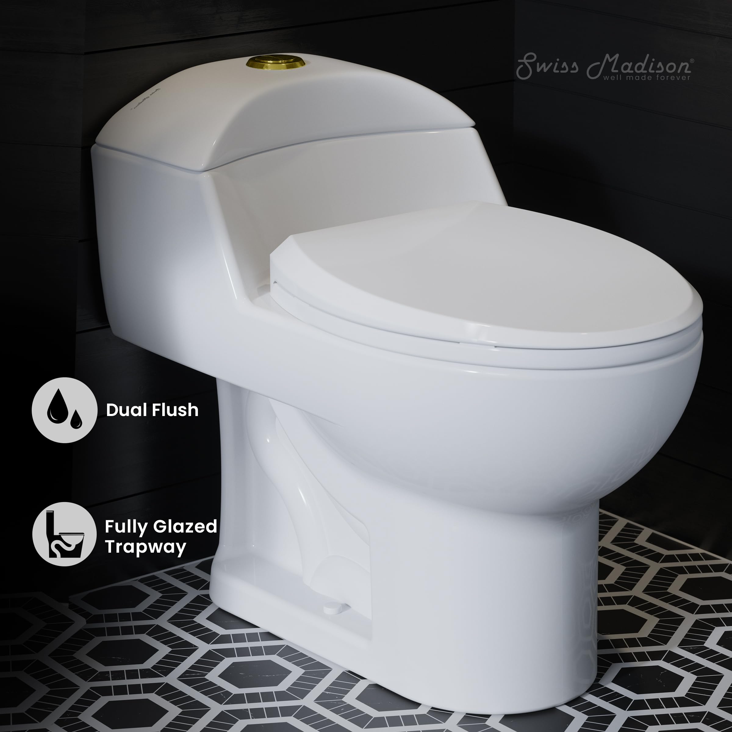 Luxury Chateau One Piece Elongated Toilet with Dual Flush System (1.1/1.6 GPF) & Brushed Gold Hardware - Modern Water-Saving Bathroom Upgrade for Homes & Hotels