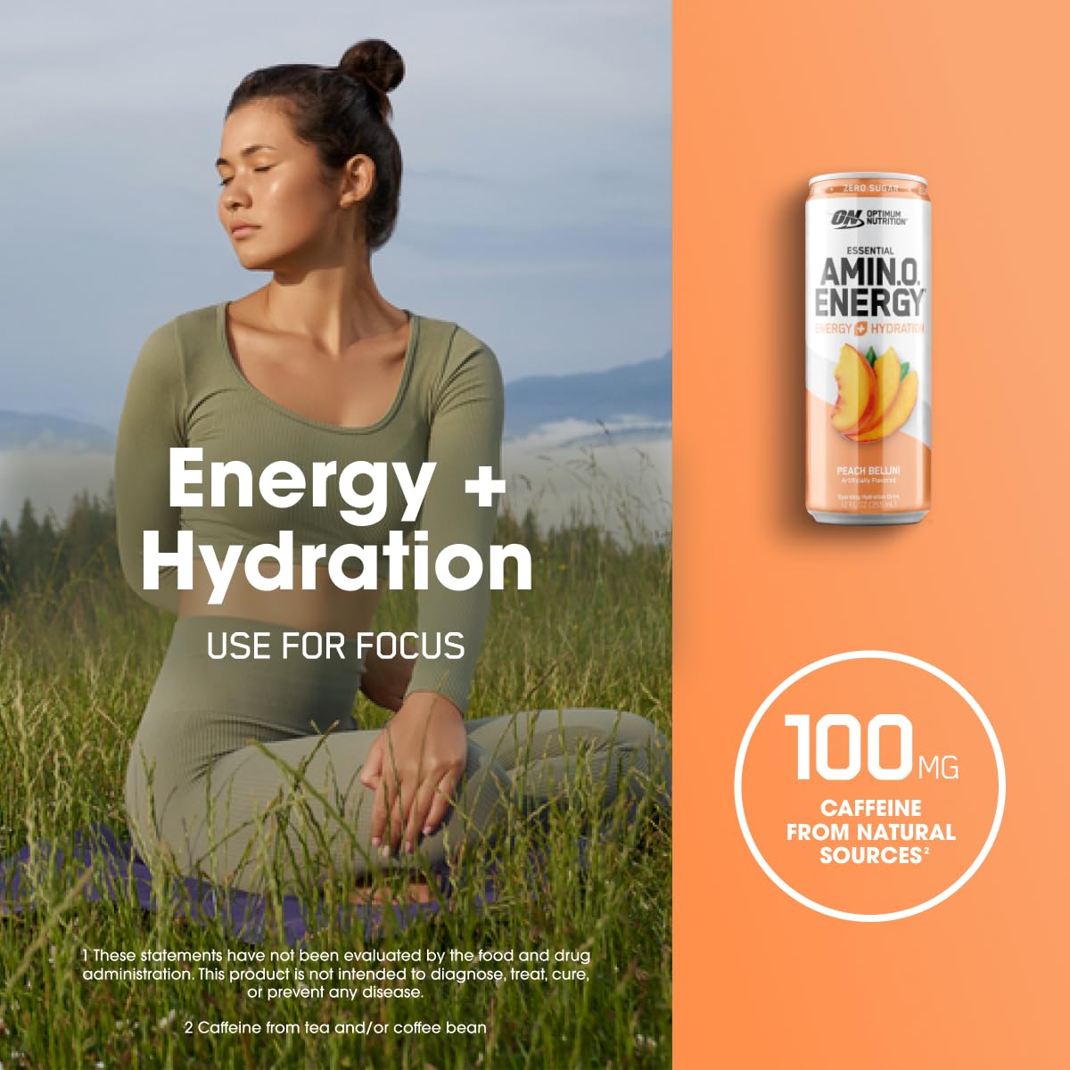Optimum Nutrition Amino Energy Sparkling Hydration Drink - Sugar Free Peach Bellini with Electrolytes, Caffeine & BCAAs - 12 Fl Oz (12 Pack) - Perfect for Workouts, Recovery & Active Lifestyle | Packaging May Vary