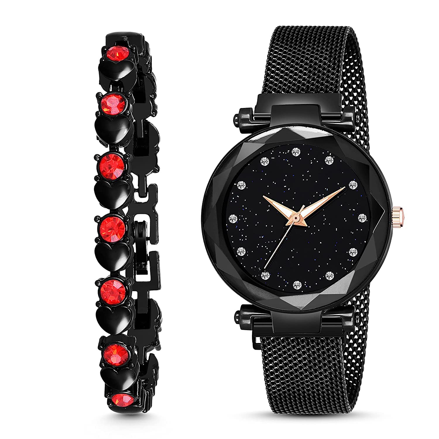 R1O Analog Diamond Studded Magnetic Watch for Women & Girls - Super Dial with Heart Bracelet Gift - Elegant & Stylish Timepiece for Daily Wear, Parties & Special Occasions (Cosmic)