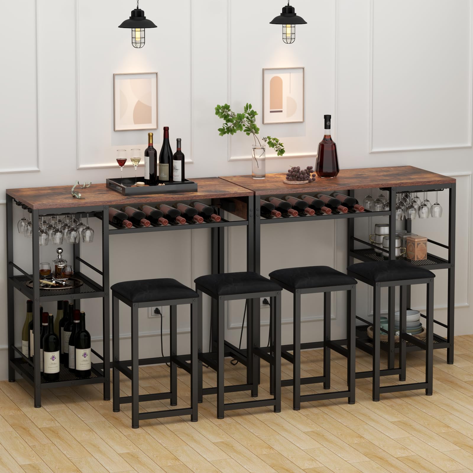 Rustic Bar Table and Chairs Set with Power Outlet, 3-Piece Pub Table Set for 2 with Storage Shelves, Wine Rack & Glass Holder - Perfect for Living Room, Dining Room, Small Apartment, and Outdoor Patio