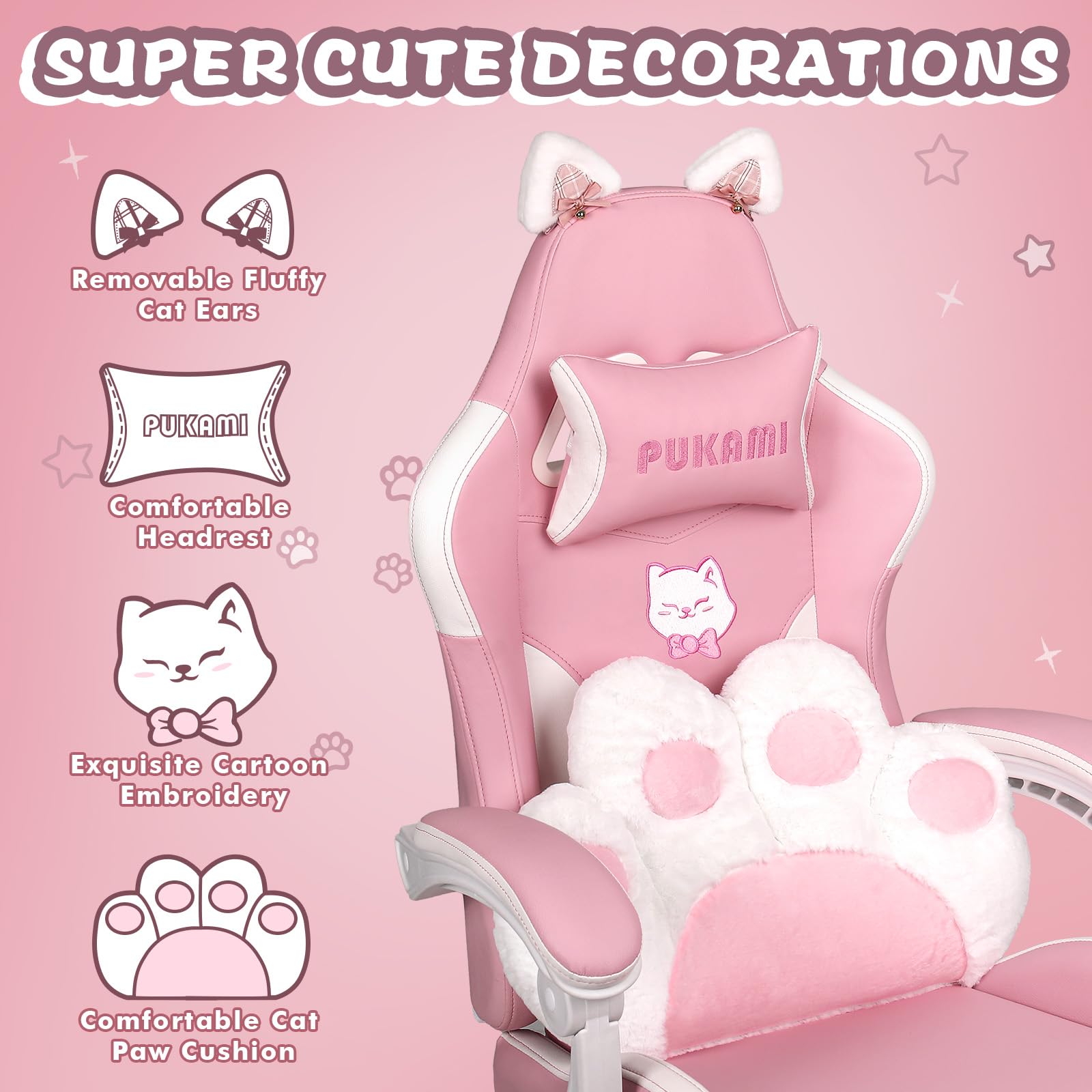 **PUKAMI Pink Gaming Chair with Cat Ears & Footrest - Ergonomic Reclining Computer Chair for Girls, Kawaii Cat Paw Cushion Included - Perfect for Gaming, Streaming, and Home Office**