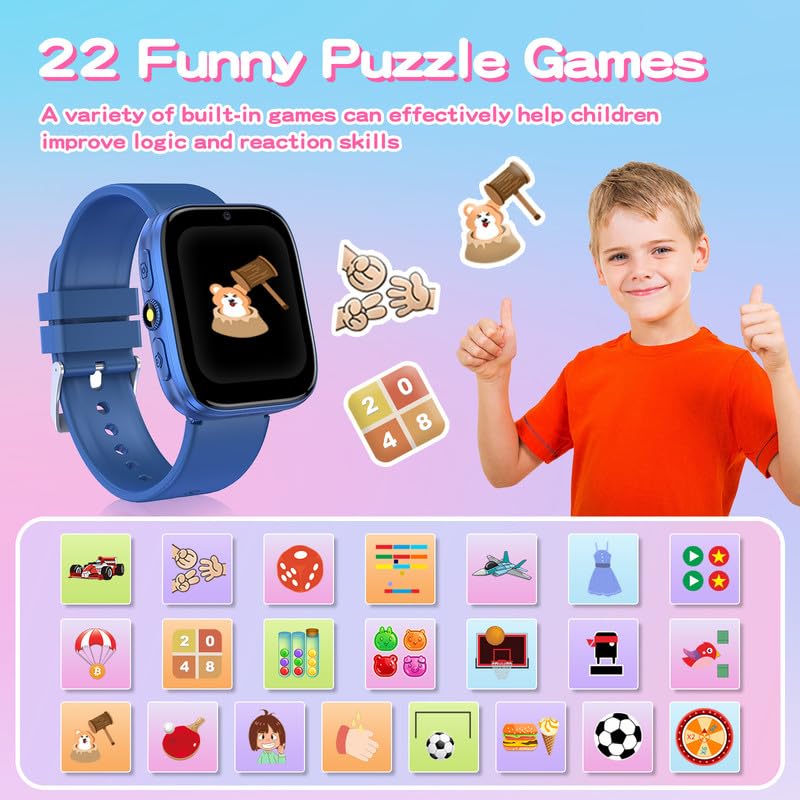 Smart Watch for Kids Ages 4-12 - HD Touch Screen with Puzzle Games, Habit Tracking, Audio Books & Learning Cards | Pedometer, Camera & Alarm Clock | Perfect Educational Birthday Gift for Boys & Girls (Blue) - Ideal for School, Outdoor Activities & Daily Learning