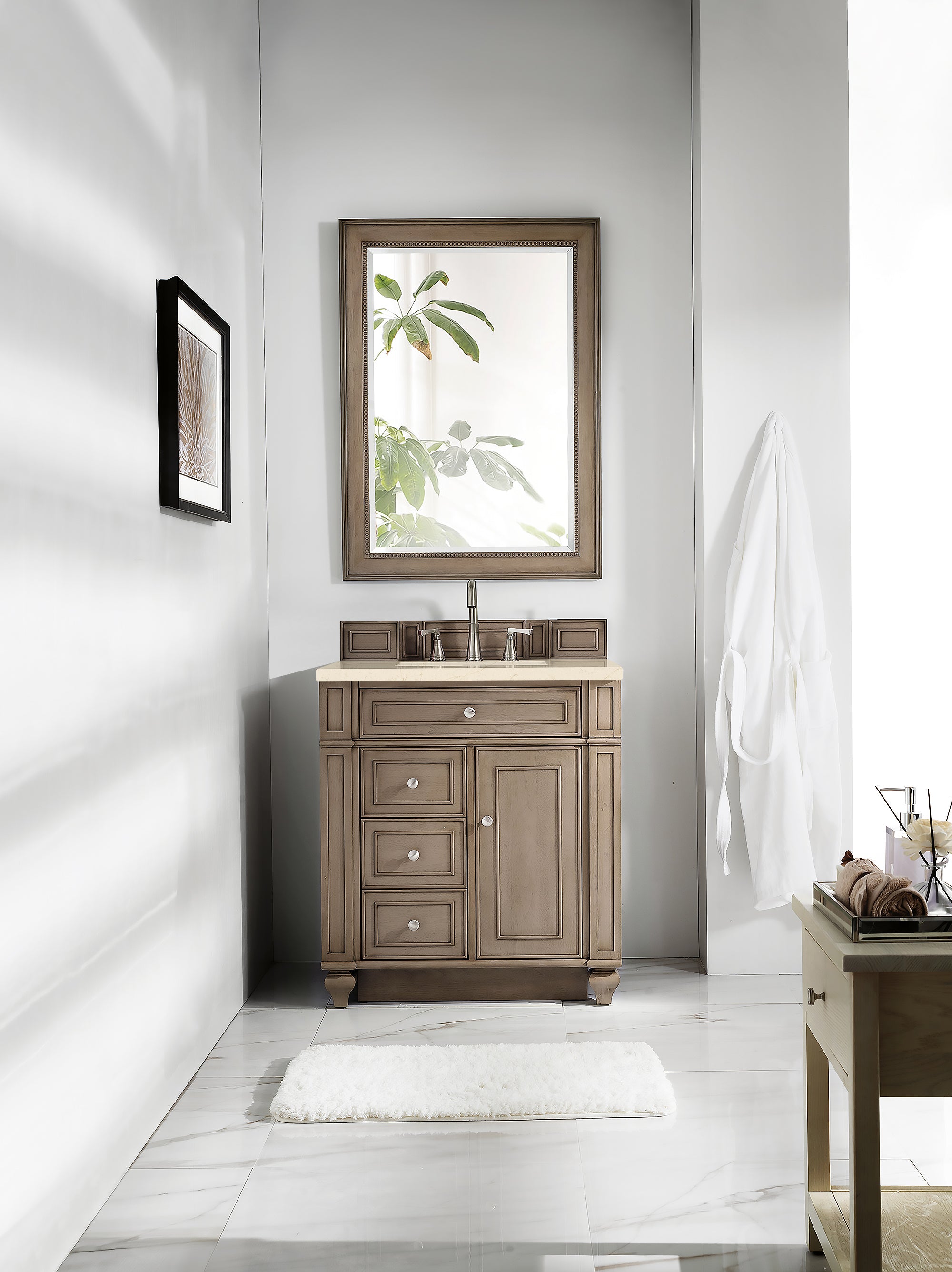 Bristol 30 Inch Single Bathroom Vanity Set with Whitewashed Walnut Finish & 3CM Eternal Marfil Quartz Countertop - Perfect for Modern Farmhouse, Coastal, or Transitional Bathroom Designs