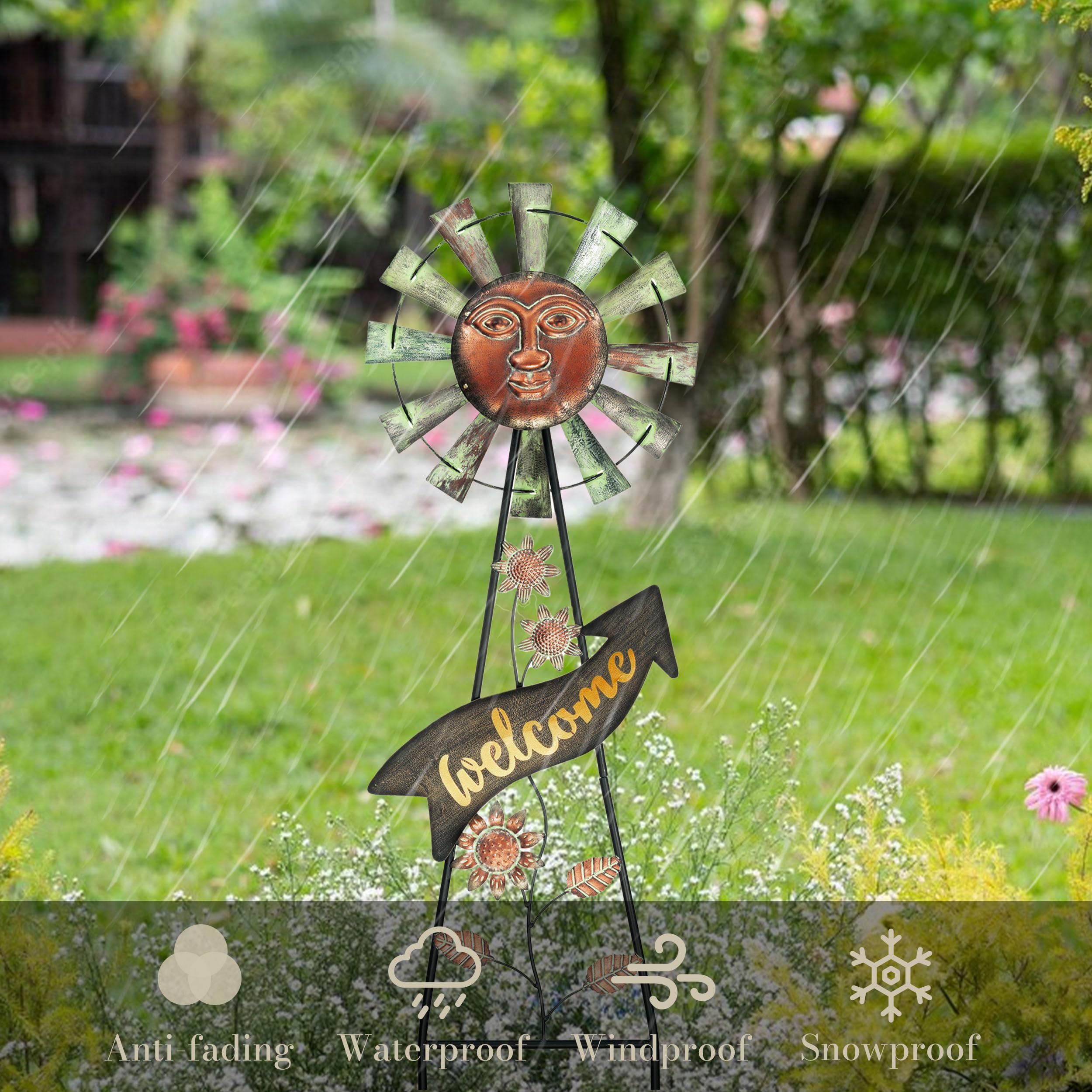 Solar-Powered Garden Decor - 26'' Bronze Metal Sun Face Wind Spinner with Outdoor Lights | Weather-Resistant Yard Art Stake for Lawn, Patio & Backyard | Unique Mother's Day Gift for Home & Garden Decoration