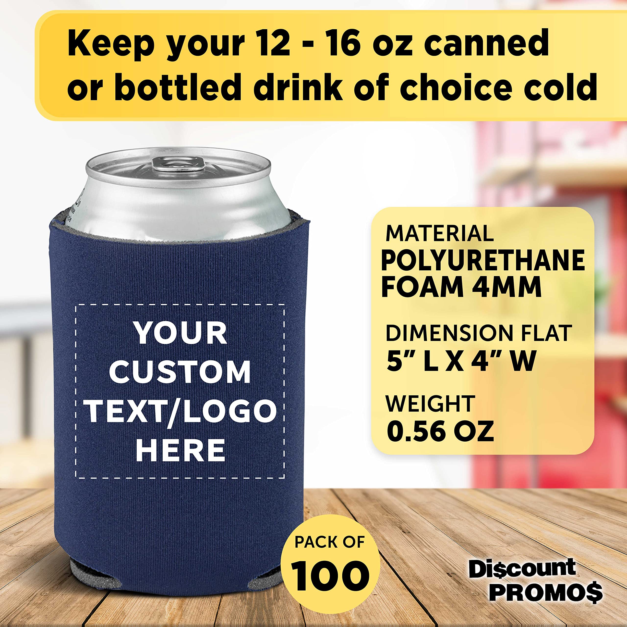 Custom Collapsible Beer Can Coolers 4mm (Set of 100) - Bulk Personalized Insulated Sleeves for Beer, Soda & Beverages - Navy Blue - Perfect for Parties, Tailgating & Outdoor Events
