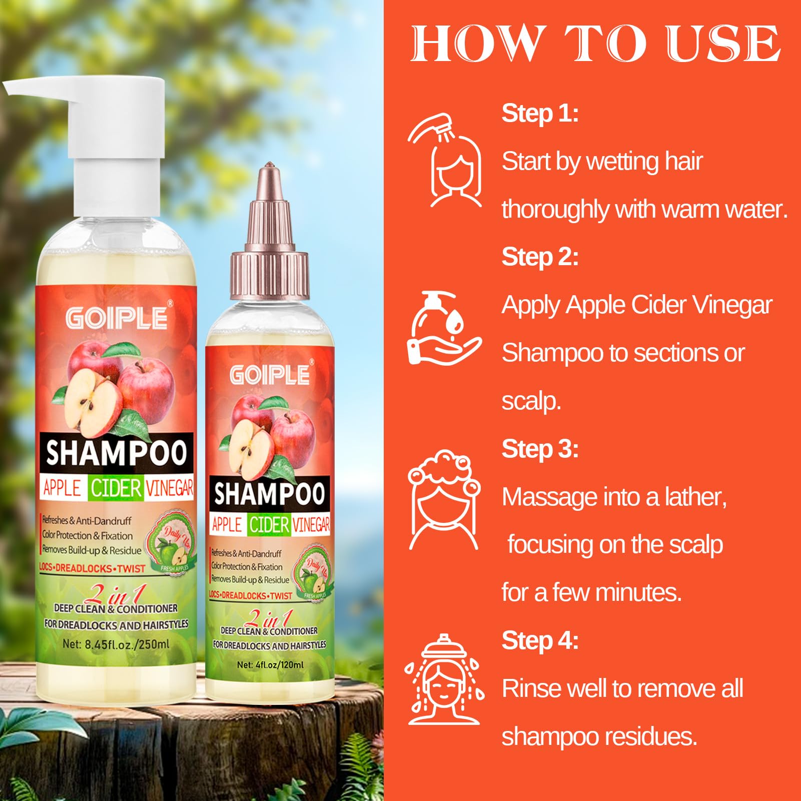 2 in 1 Deep Clean & Condition Apple Cider Vinegar Shampoo for Dreadlocks, Locs & Twists - Sulfate Free, Anti-Dandruff Shampoo for Curly & Kinky Hair (8.45 Fl Oz) - Refreshes & Nourishes Hair for Daily Use & Protective Styles