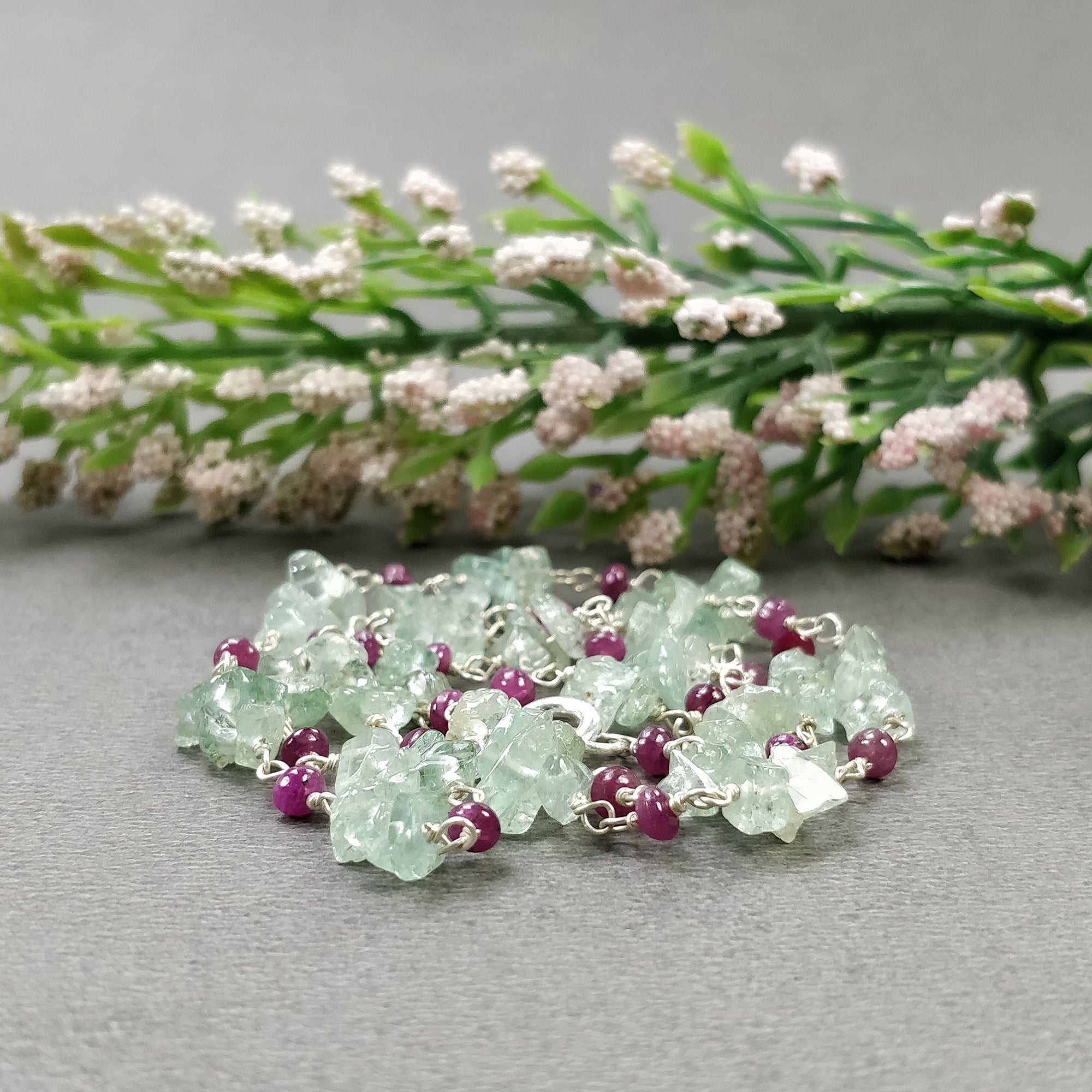 Natural Raw Uncut Emerald & Ruby Gemstone Beads 925 Sterling Silver Chain Necklace - 16 Inch Statement Jewelry Gift for Women, Perfect for Weddings, Parties & Special Occasions