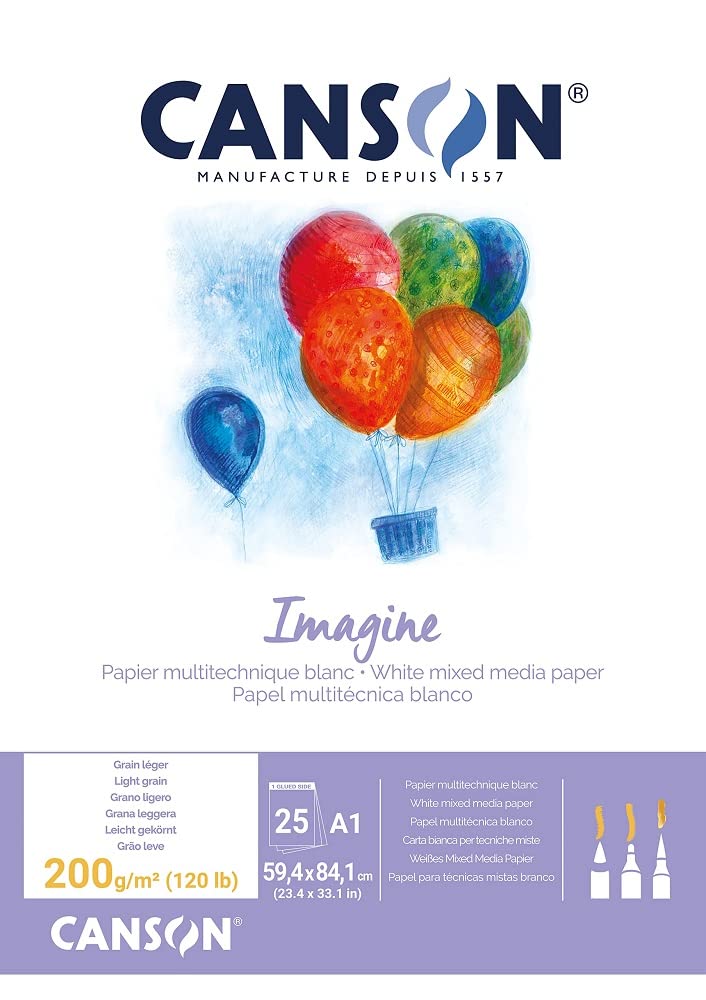 Canson Imagine Mixed Media Paper 200gsm - 25 Sheets A1 Pad, Natural White for Artists & Students - Perfect for Watercolor, Acrylic, Ink & Sketching