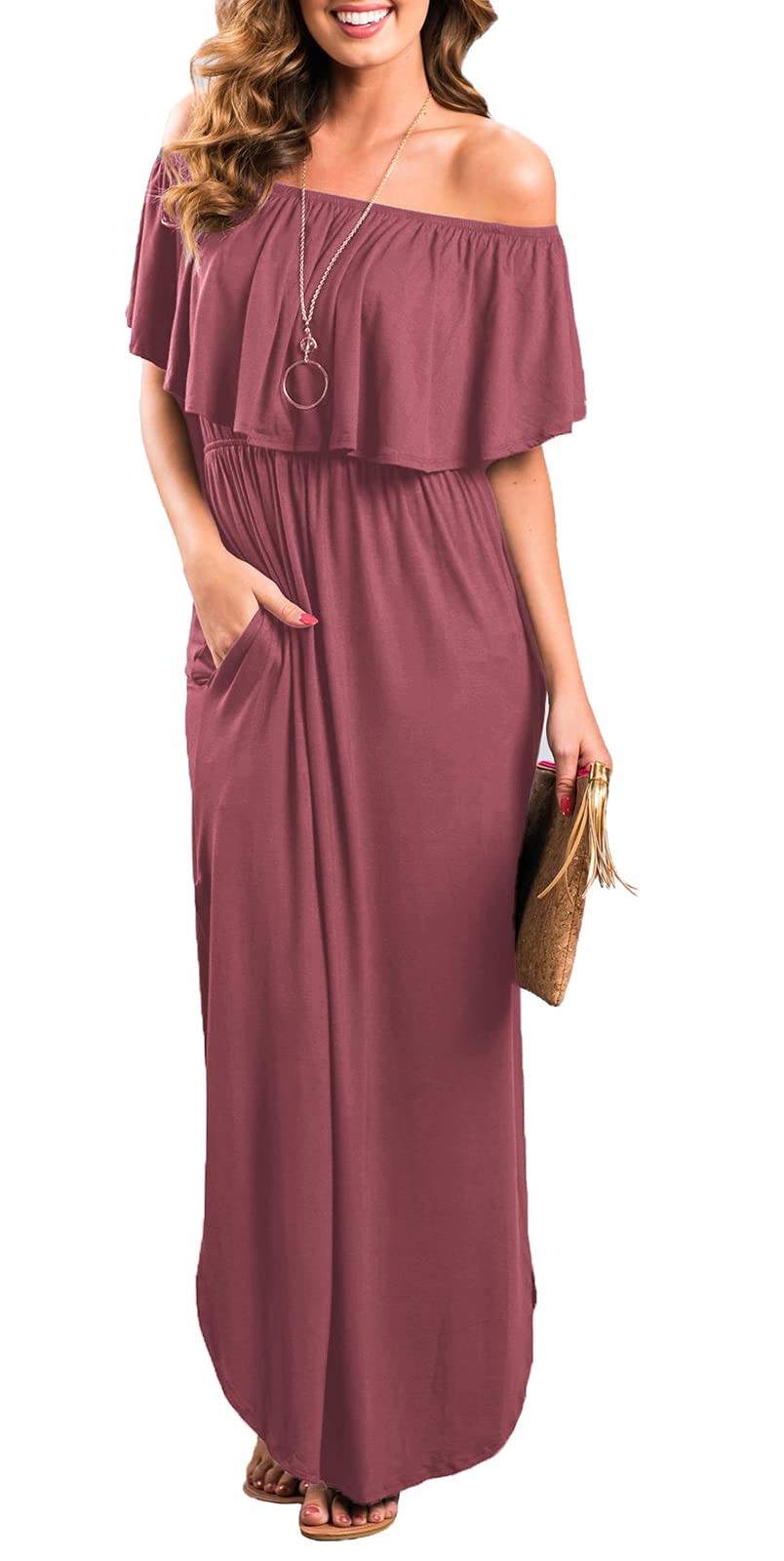 Women's Off The Shoulder Ruffle Party Dress with Side Slit - Flowy Beach Maxi Dress for Summer Weddings, Vacations & Night Out