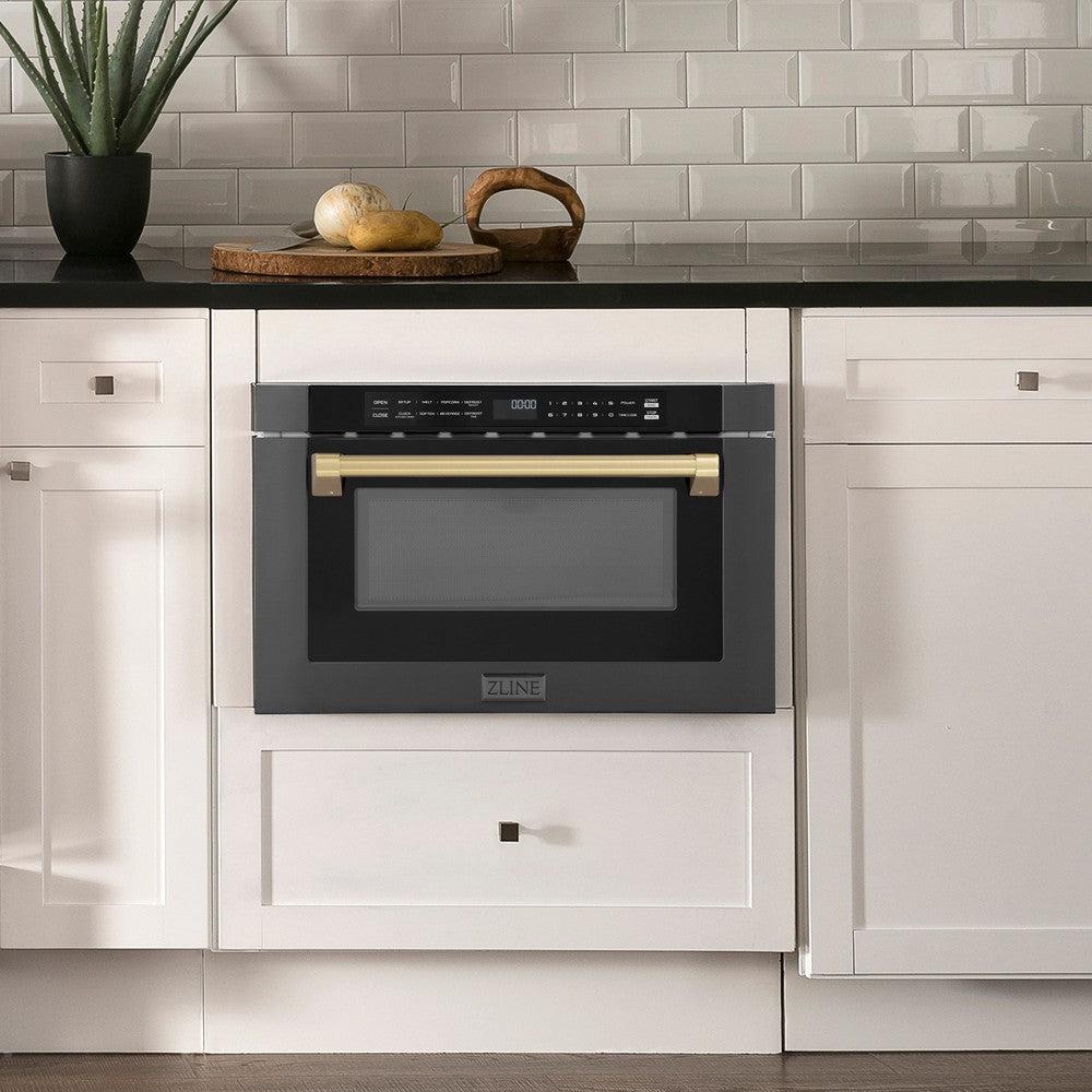 ZLINE Autograph Edition 24-Inch Built-In Microwave Drawer - 1.2 cu.ft Capacity, Black Stainless Steel with Champagne Bronze Accents (MWDZ 1 BS H CB) - Perfect for Modern Kitchens & Luxury Home Appliances