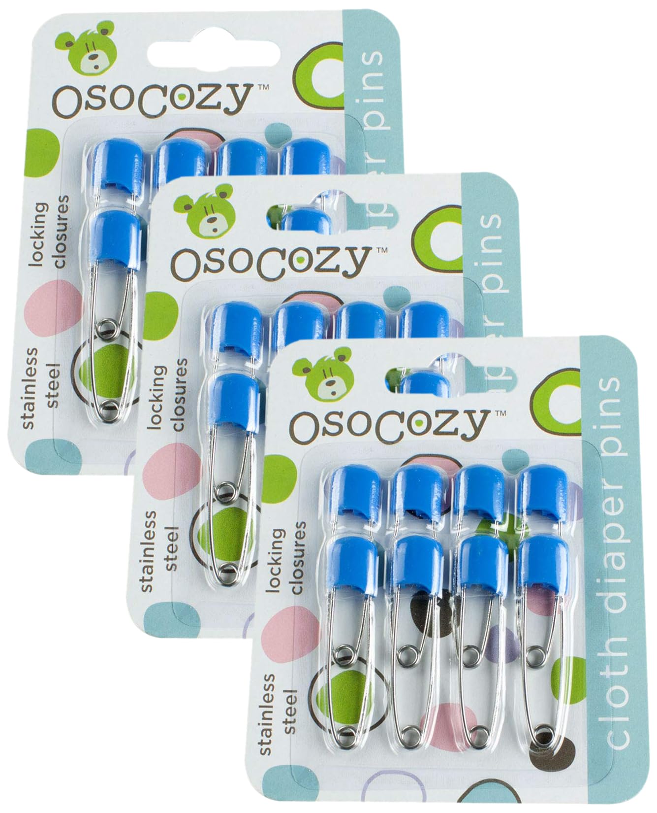 OsoCozy Stainless Steel Diaper Pins - Safe Locking Closures for Baby Cloth Diapers, Special Events & Crafts - Durable Blue Laundry Pins (Pack of 3) - Perfect for Newborn Care, DIY Projects & Organizing Laundry