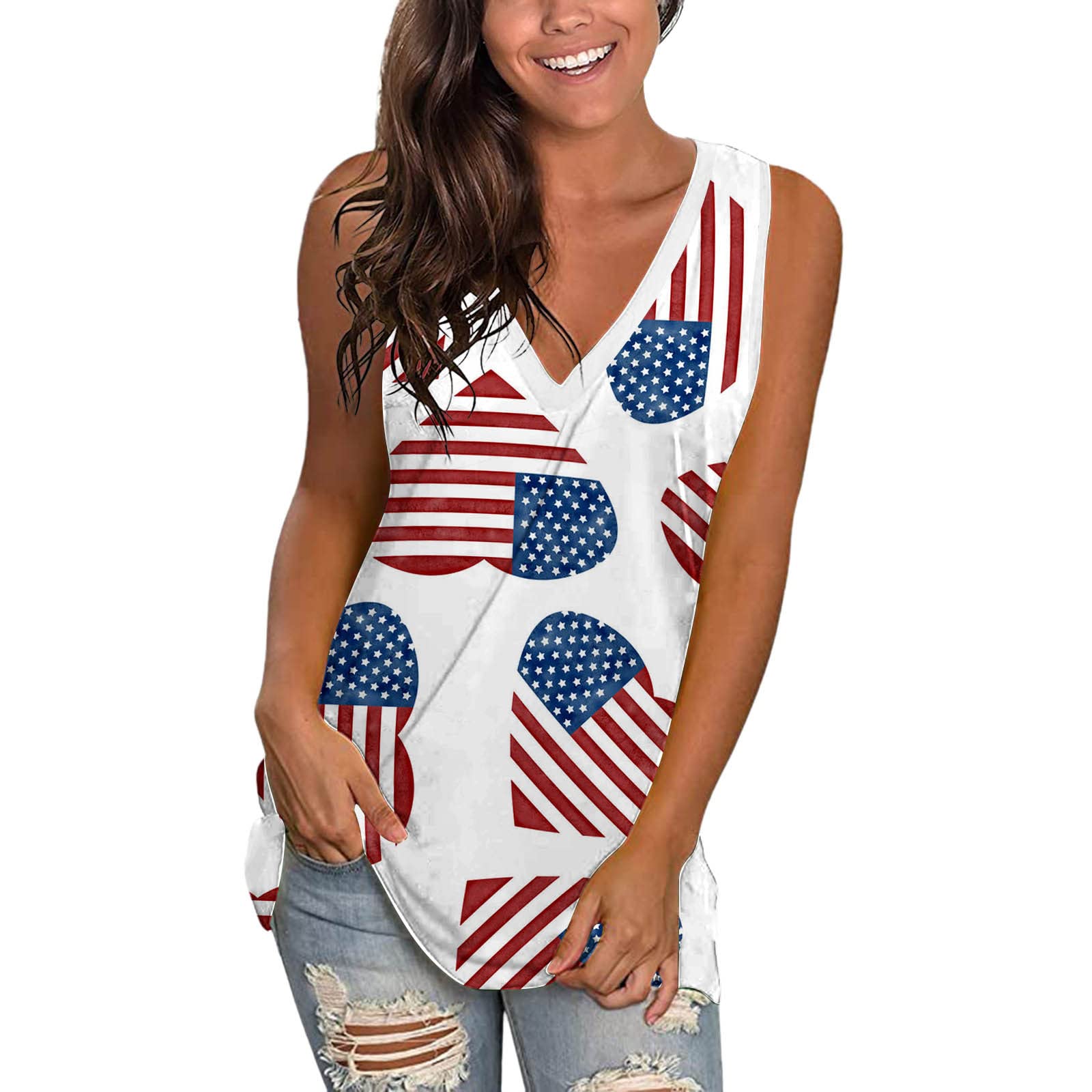 Women's Casual V-Neck Sleeveless Blouse - Summer Tank Top Tee Shirt with Flag Print | Cute Tunic Tops for Beach, Vacation & Everyday Wear