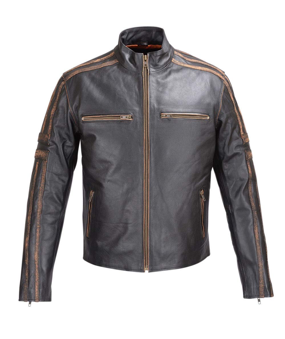 Vintage Distressed Stripes Motorcycle Leather Jacket for Men - Retro Biker Jacket with Antique Finish - Perfect for Riding, Casual Wear & Halloween Costumes