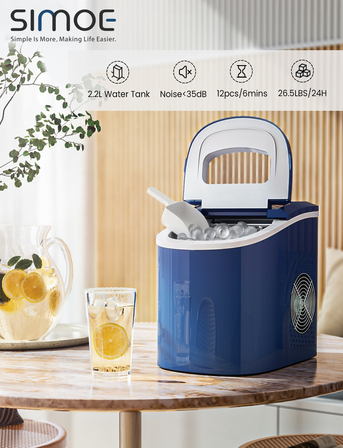 Mini Portable Compact Electric Ice Maker Machine - Fast 26Lbs/24H, Quiet Operation, Perfect for Home, Office, RV & Camping (Navy Blue)