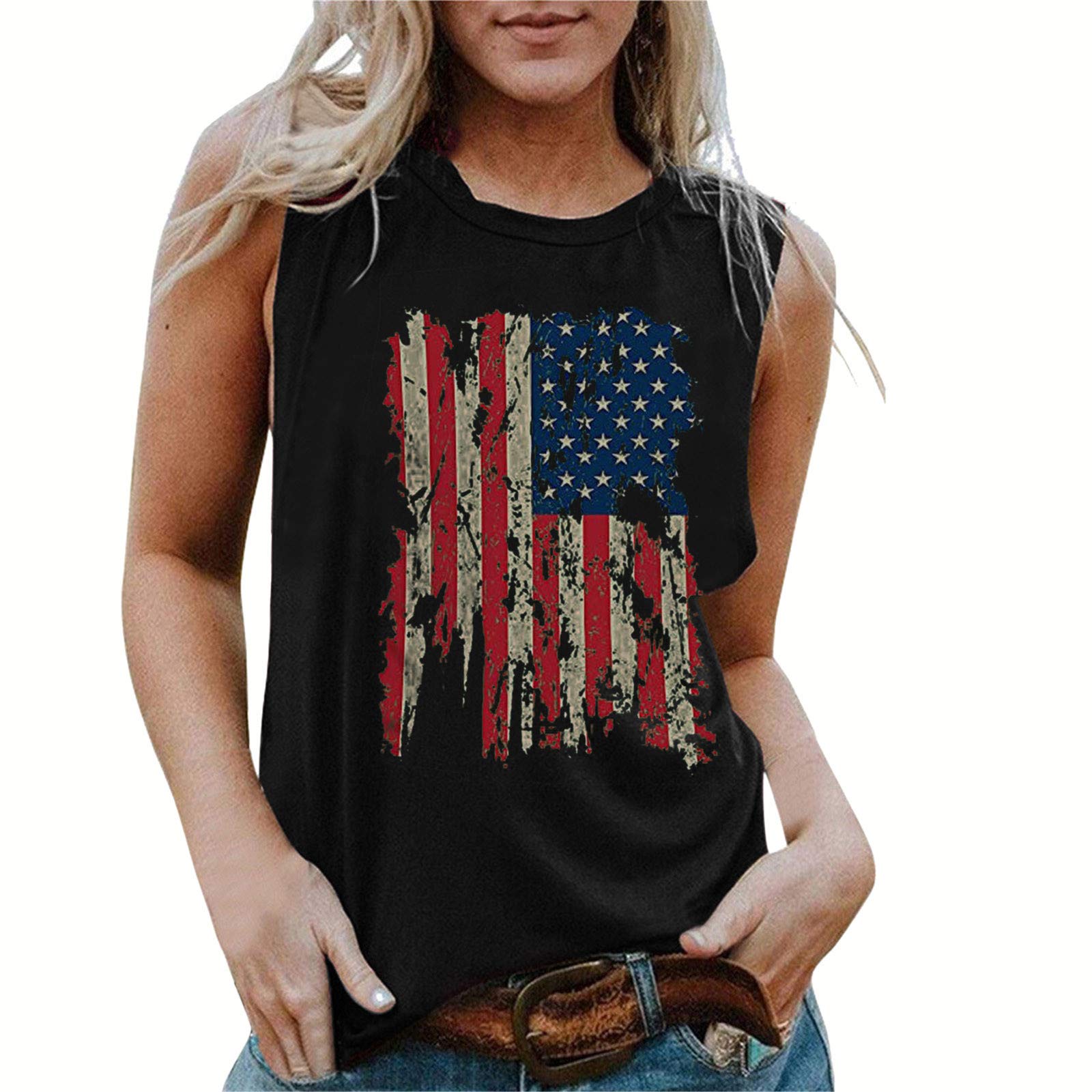 Women's Sleeveless American Flag Tank Top - Patriotic USA T-Shirt for Summer, Loose Fit Dressy Tops | Perfect for 4th of July, Beach Outings & Casual Wear