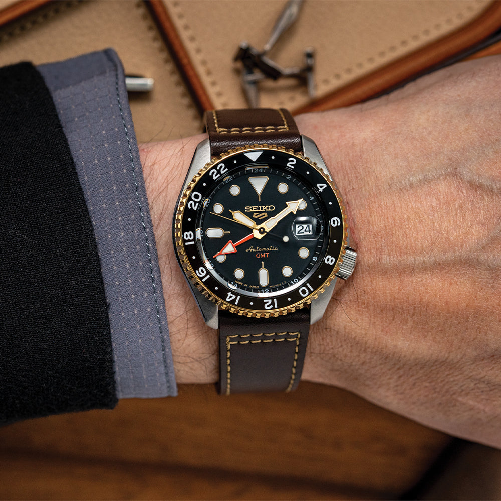 SSK036 5 Sports SKX GMT 42.5mm Men's Automatic Watch - Black Dial with Genuine Leather Strap - Diver Style for Swimming, Diving & Outdoor Adventures