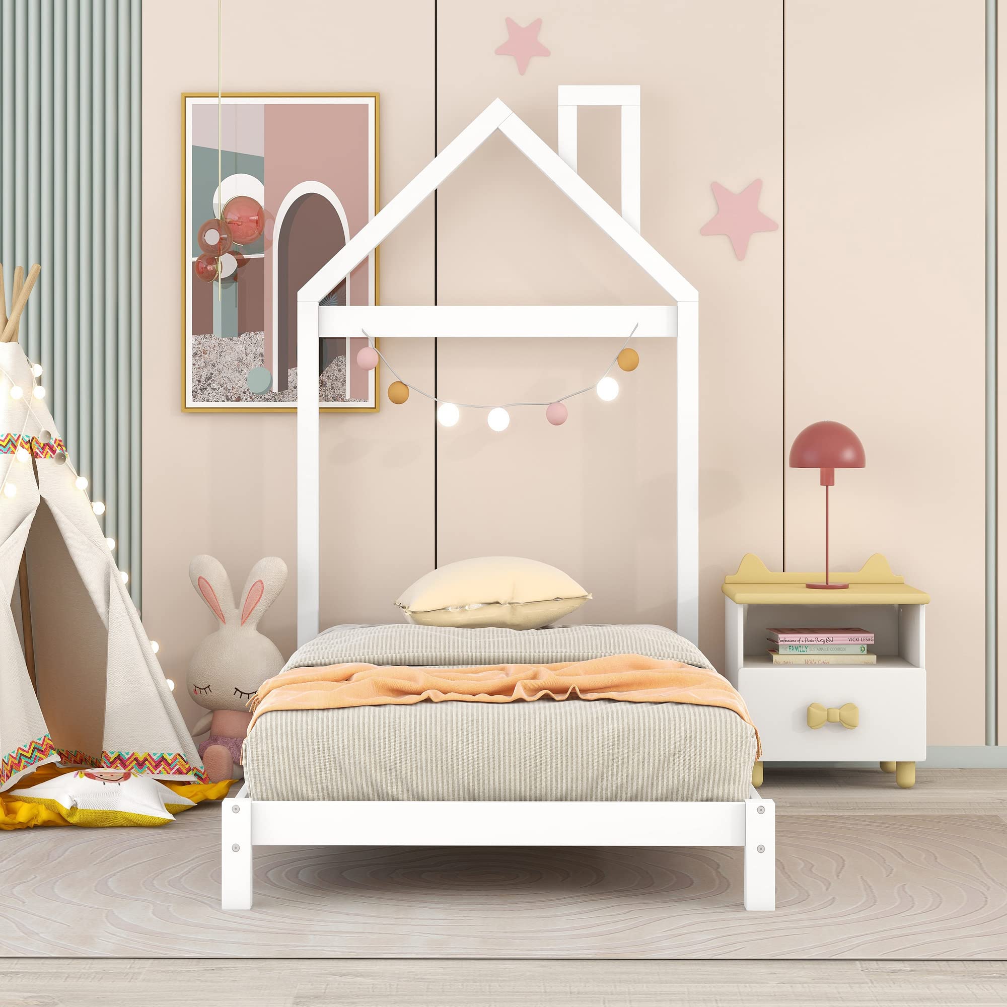 Twin Size White Platform Bed with House Shape Headboard - Low Profile Wooden Slat Support Bed Frame for Kids, Boys, Girls & Juniors - Perfect for Bedrooms, Dorms & Playrooms