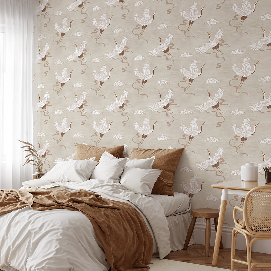 Chinoiserie Crane Beige Grasscloth Wallpaper CG001 - Traditional Asian Inspired Peel & Stick Wallpaper for Living Room, Bedroom, Dining Room Decor