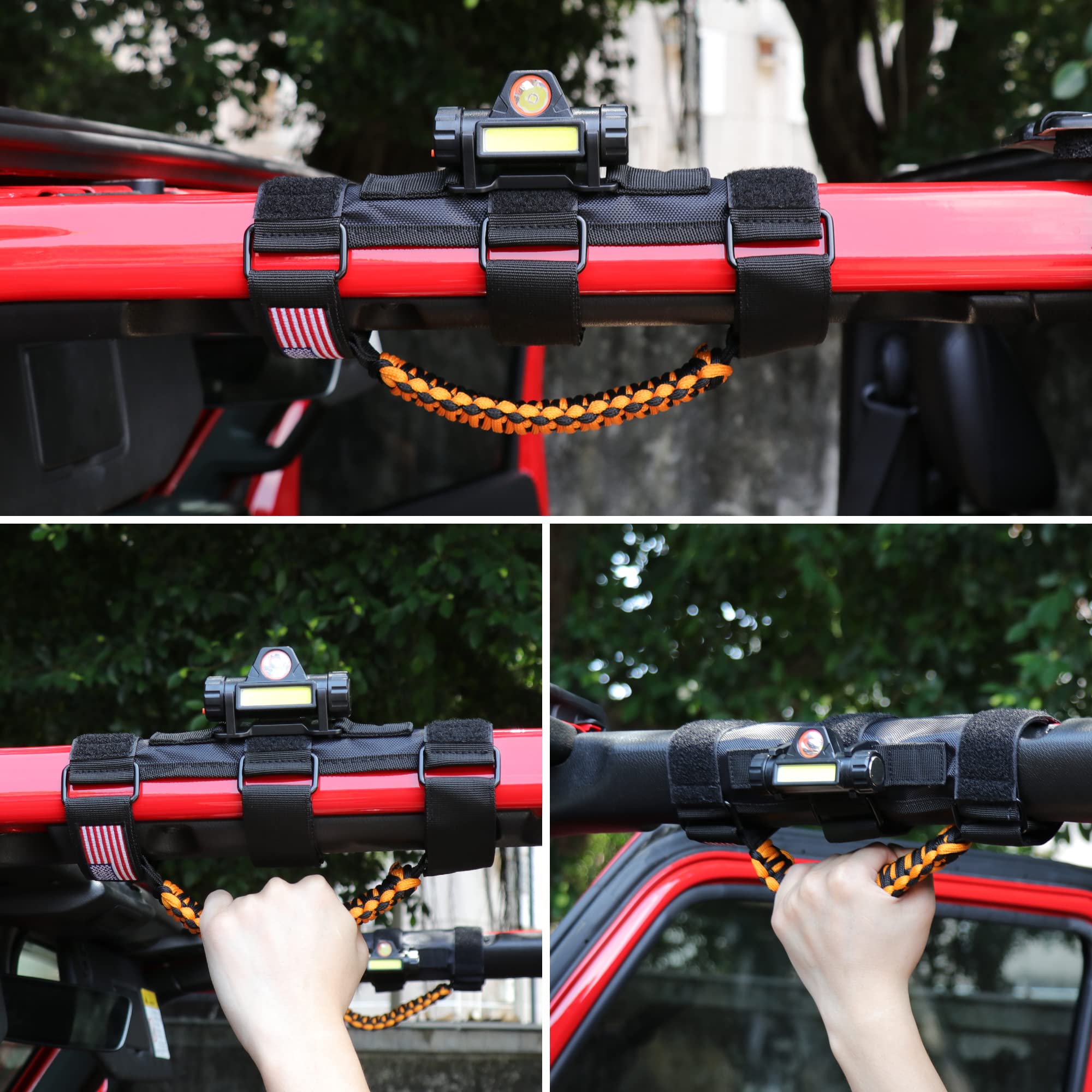 Jeep Wrangler Grab Handles with LED Light - Universal Fit for TJ JK JL YJ Unlimited Rubicon Sahara (2/4 Door) & Gladiator JT - Rechargeable Dome Light - Orange (4 Pack) - Perfect for Off-Roading & Nighttime Entry/Exit