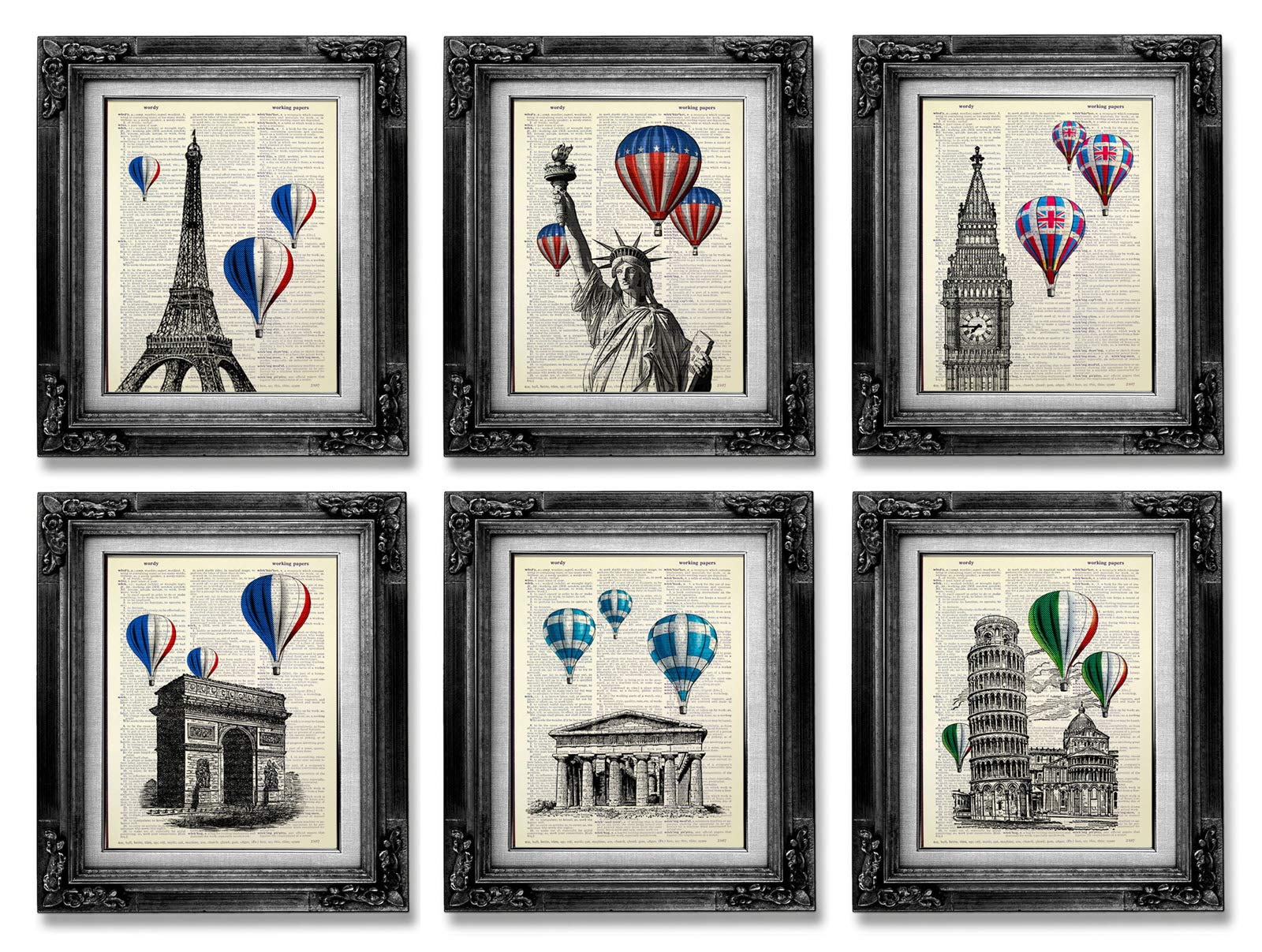 Rustic City Skyline Wall Art Set of 6 - Vintage Travel Posters Featuring Statue of Liberty, Eiffel Tower, Big Ben, Leaning Tower of Pisa & More - Perfect for Living Room, Bedroom or Office Decor