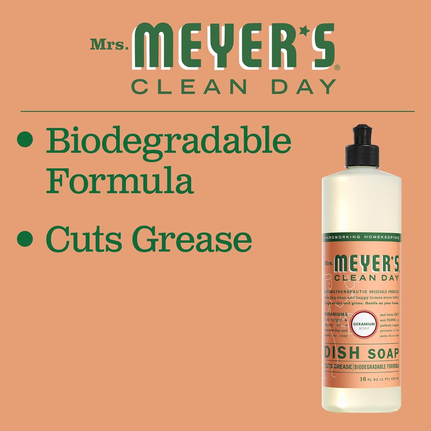 Mrs. Meyer's Clean Day Dish Soap - Geranium Scent, 16 fl oz (Pack of 3) | Plant-Derived Formula for Gentle Handwashing | Perfect for Everyday Kitchen Cleaning & Greasy Dish Removal