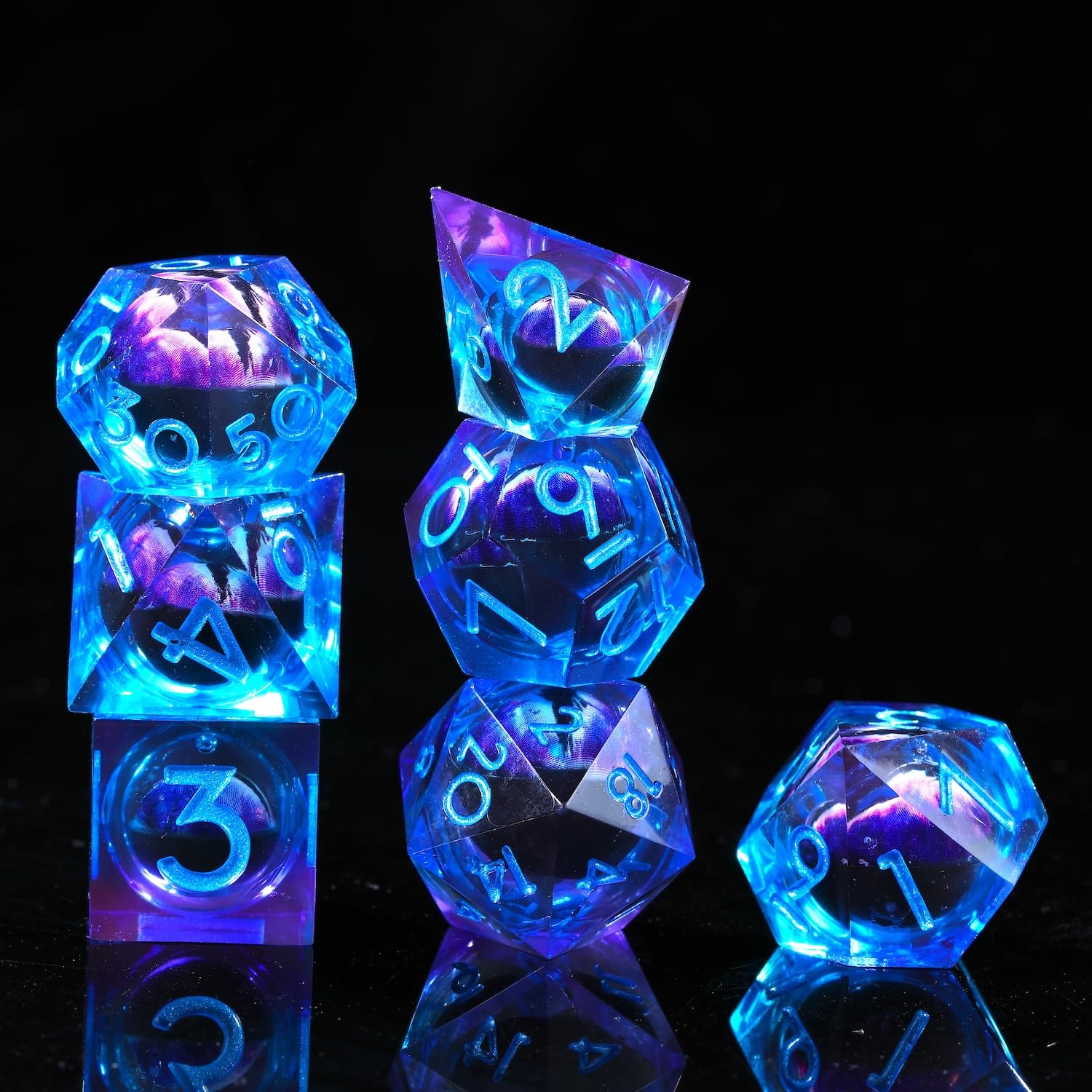 YEMEKO Beholder's Eye DND Dice Set - Handmade Dragon Eye Liquid Core Polyhedral Dice with Sharp Edges for Dungeons & Dragons, TTRPG, RPG Roleplaying Games (Blue Purple) - Perfect for Tabletop Gaming, D&D Campaigns & Collectors