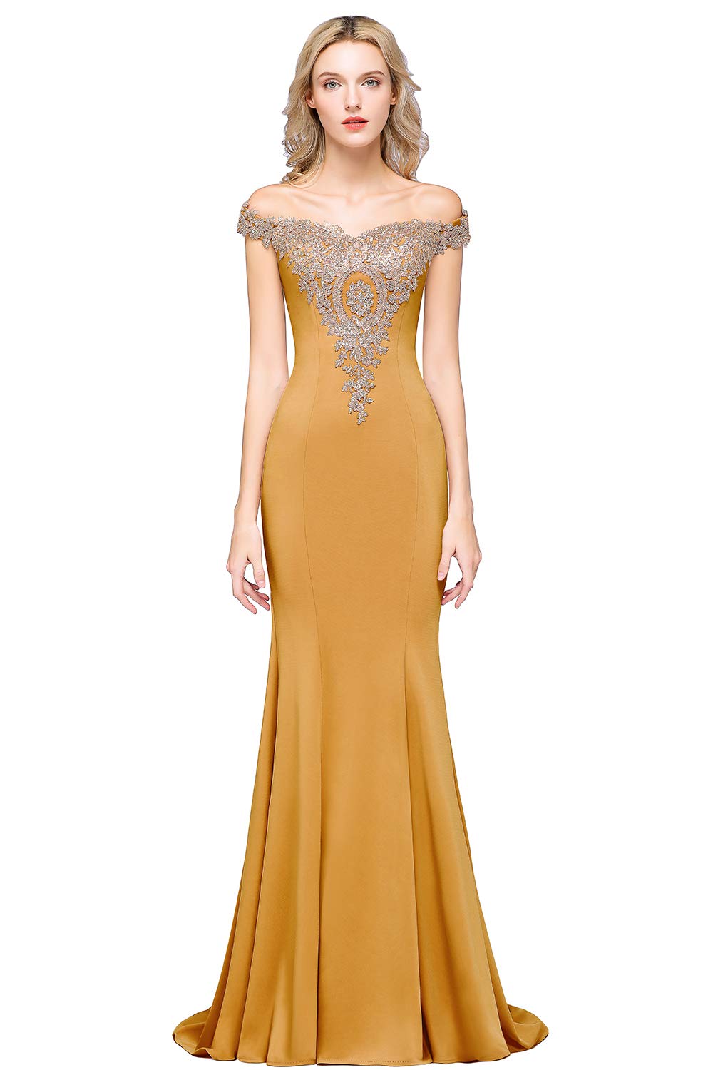 Elegant Off-Shoulder Gold Applique Mermaid Evening Gown for Women - Formal Prom, Wedding Guest & Black Tie Event Dresses