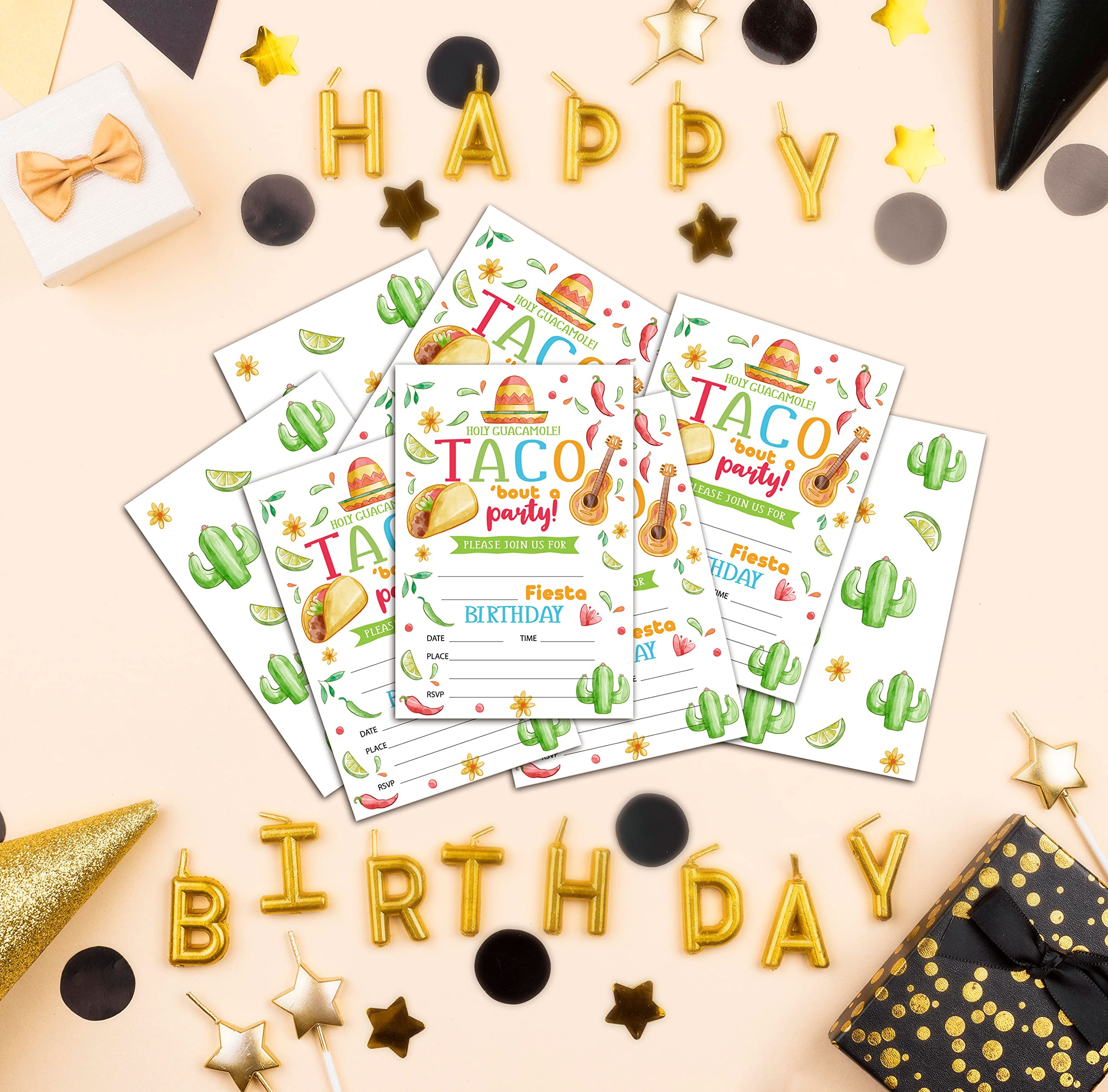 Kids Birthday Party Invitation Cards - Taco, Cactus & Fiesta Themed Party Invites for Boys & Girls | Personalized 20 Cards with Envelopes (D016) | Perfect for Birthday Celebrations, Teen Parties & Fiesta Decorations