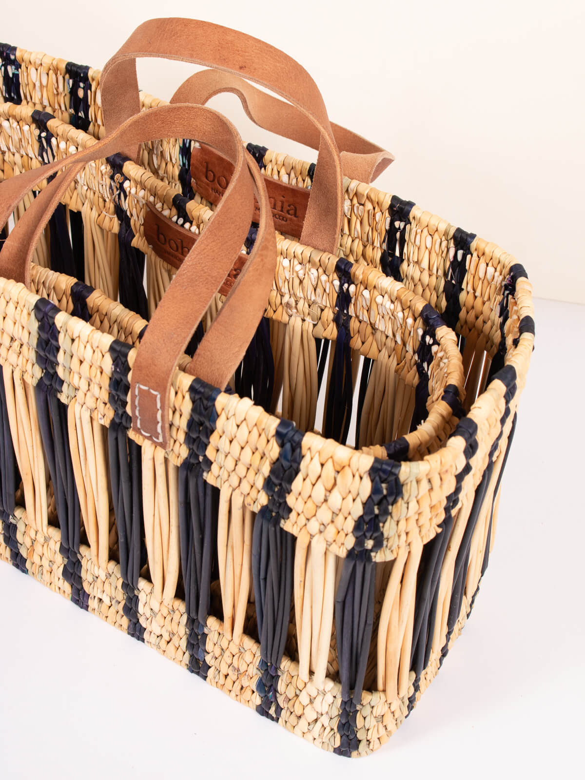 Handwoven Decorative Reed Basket with Indigo Stripe - Boho Home Decor for Living Room, Bedroom, or Office Storage