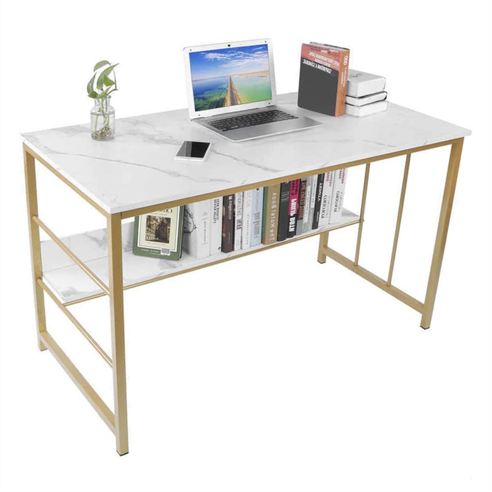 Modern Marble Writing Desk with Storage Shelf - Stylish Home Office & Study Table for PC Laptop Work - Easy Assembly Workspace Solution for Small Spaces & Remote Work