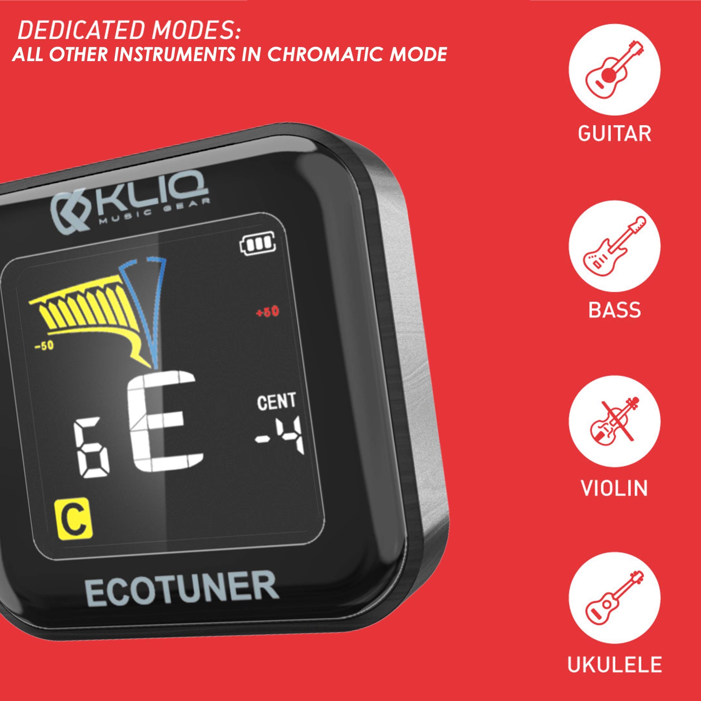 KLIQ EcoTuner - USB Rechargeable Clip-On Tuner for Guitar, Violin, Ukulele & All Instruments (Includes Charging Cable) | Perfect for Live Performances, Studio Recording & Music Practice