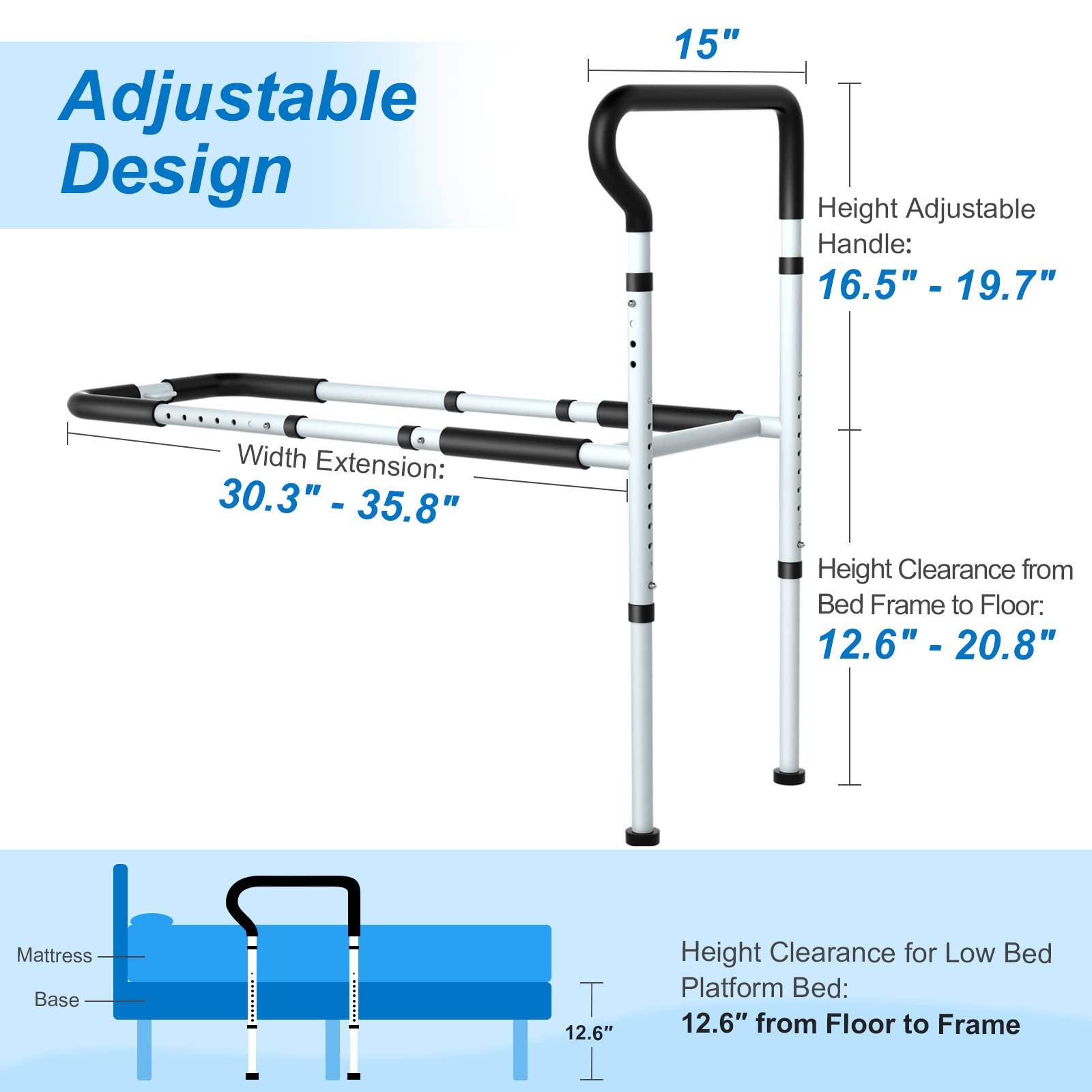**KingPavonini Adjustable Bed Rails for Elderly Adults - Non-Slip Ergonomic Handle, Storage Pocket, Supports 300 Lbs, Tool-Free Assembly - Ideal for Seniors Safety, Fall Prevention & Bed Mobility Assistance**