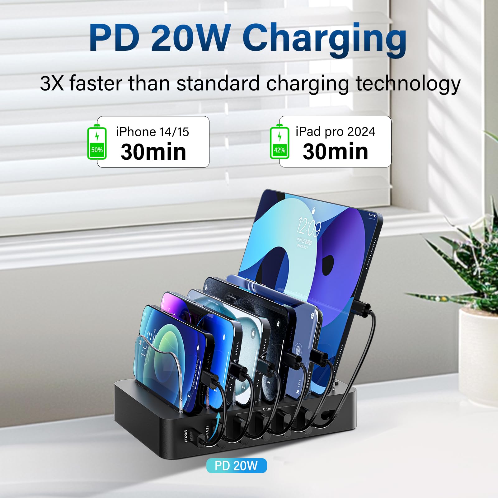 68W 6-Port Fast Charging Station with 6 Cables - for iPhone, iPad, Tablets & More (Black) - Perfect for Home & Office Use