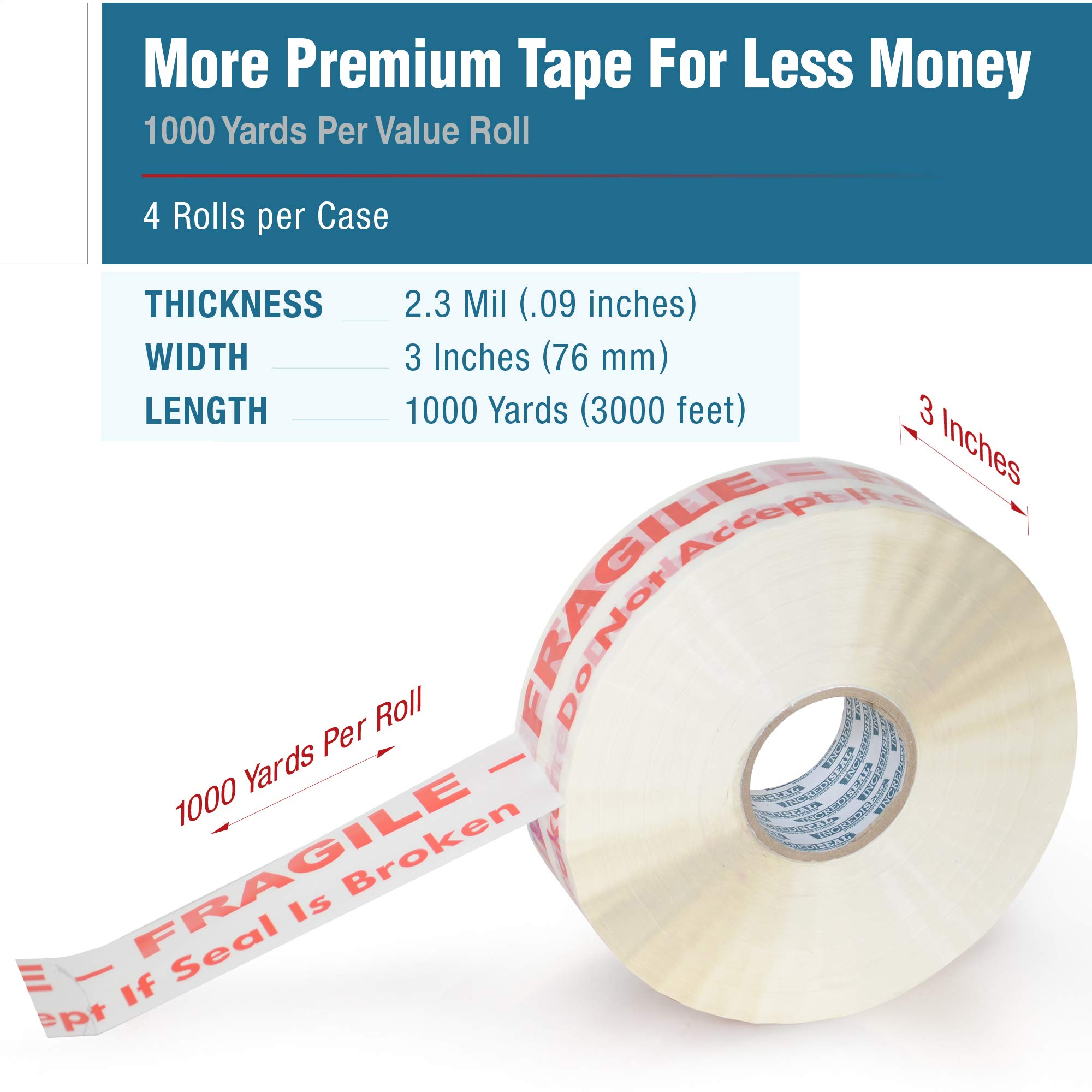 **IncrediSeal Heavy Duty Tamper Evident Packaging Tape - 3 Inch x 1000 Yards, 2.30 mil (4 Rolls) - Secure Fragile Shipments, Box Sealing for E-Commerce & Logistics**    *Optimized for Google SEO with clear product specs, use case (e-commerce/logistics), and keyword focus.*