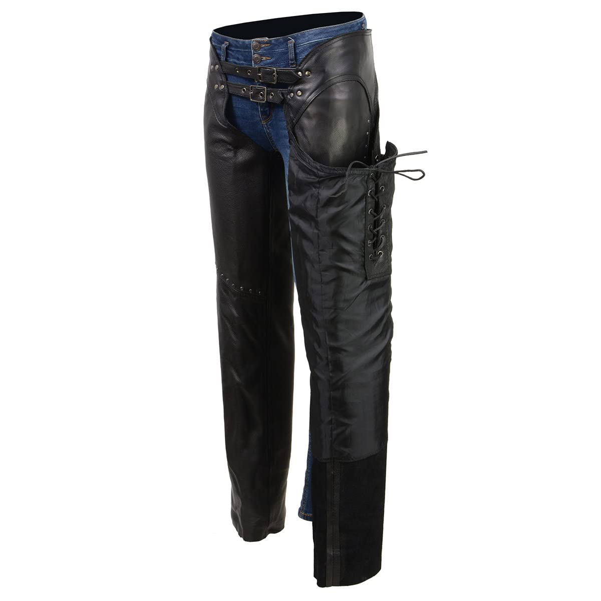 Milwaukee ML1186 Women's Black Low-Rise Waist Motorcycle Leather Chaps with Double Buckle & Rivet Detailing - Perfect for Harley Riding & Biker Events